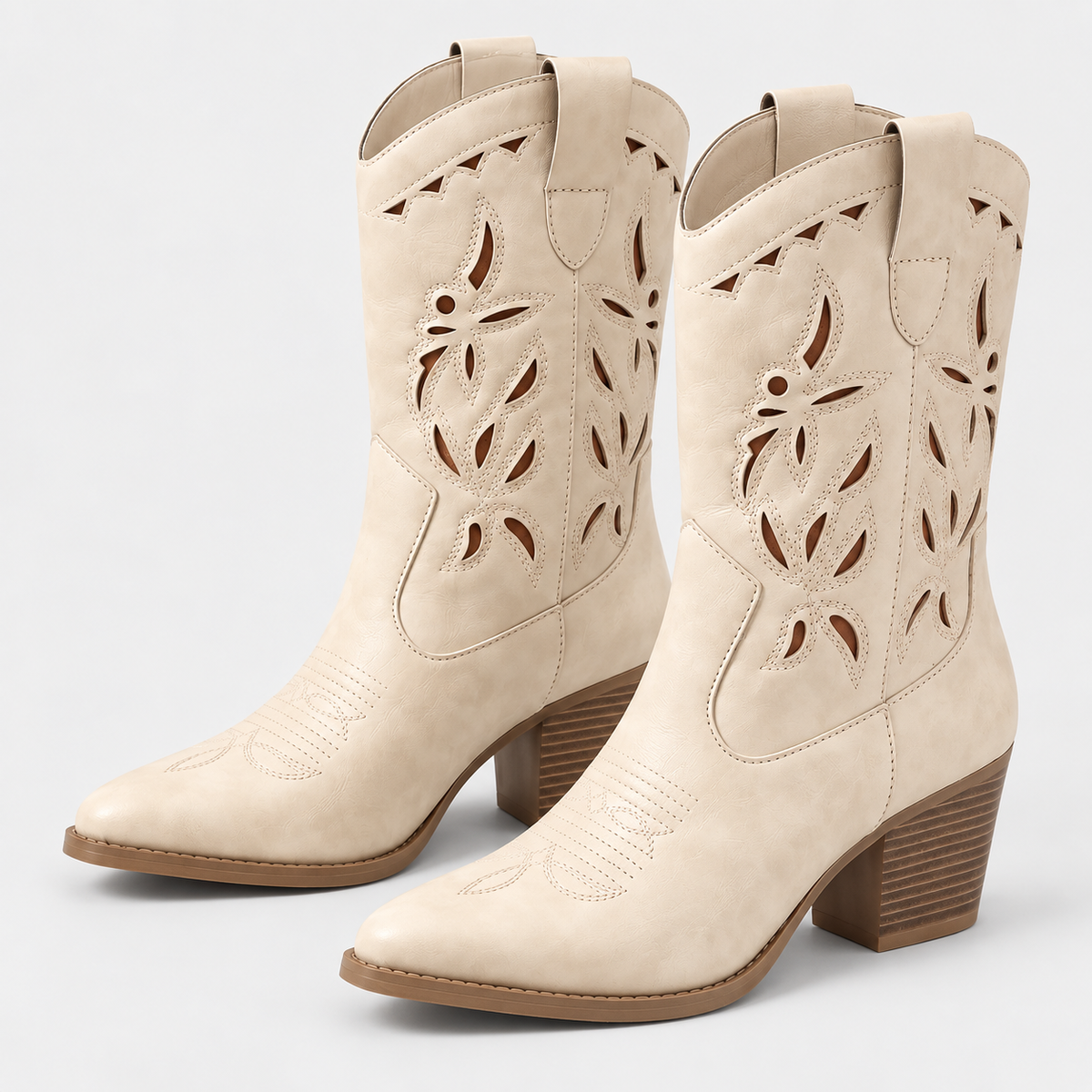 Women's Cream Floral Cutout Cowboy Boots