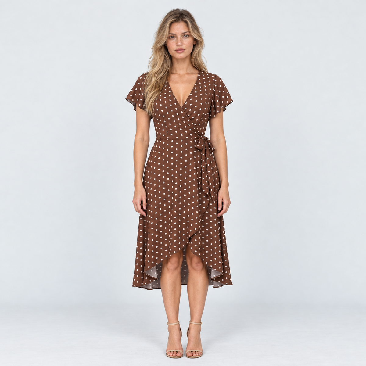 Womens Polka Dot Wrap Midi Dress