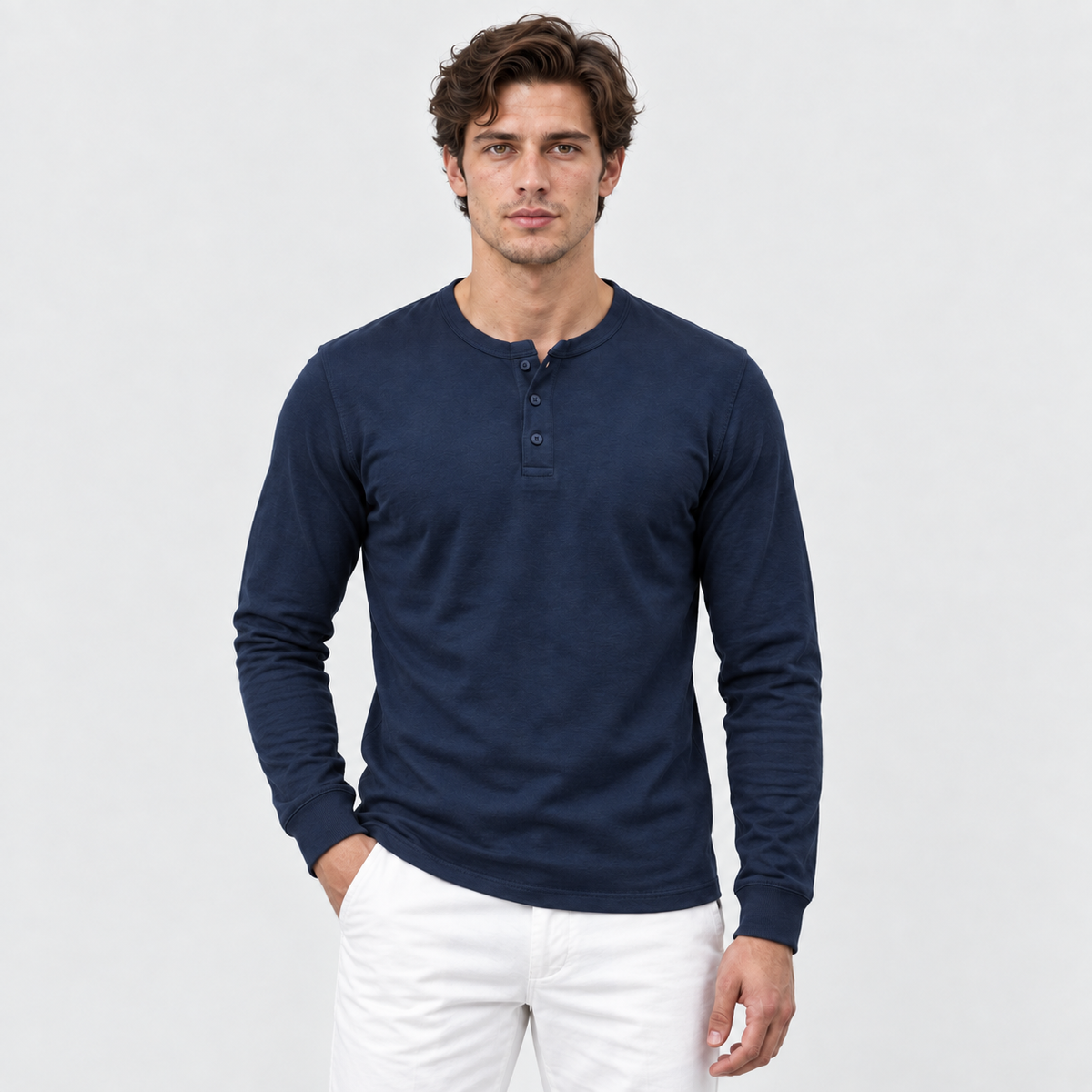 Men’s Long Sleeve Henley Shirt - Button Neck Regular Fit