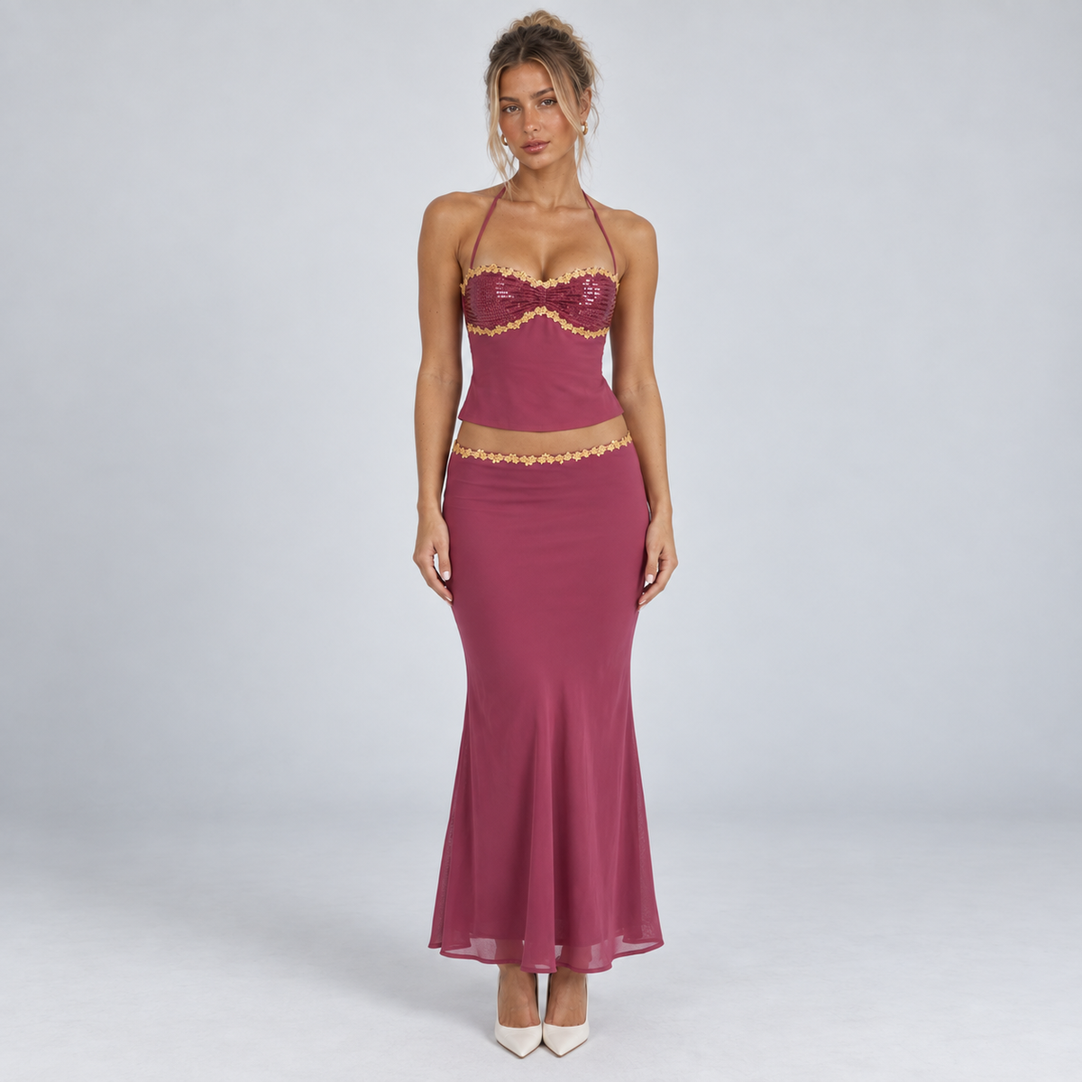 Women's Sequin Halter Top & Mermaid Maxi Skirt Set