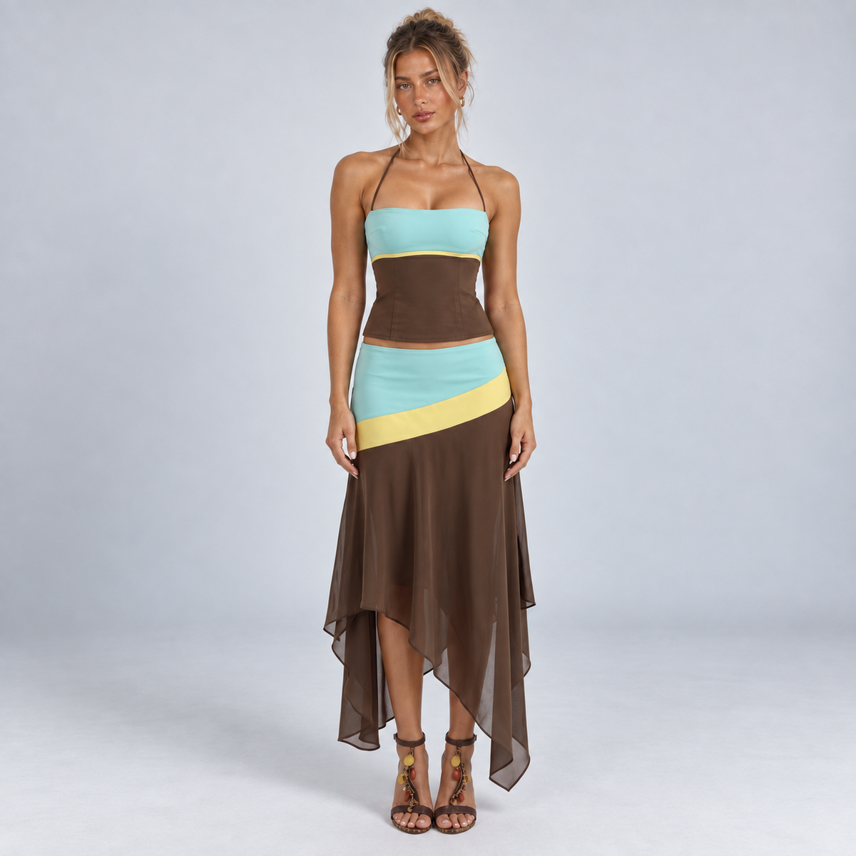 Women's Colour Block Halter Top & Handkerchief Hem Skirt Set