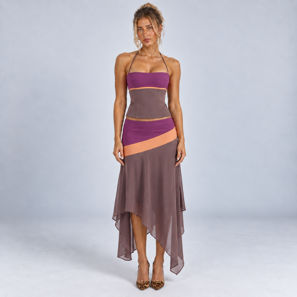Women's Colour Block Halter Top & Handkerchief Hem Skirt Set