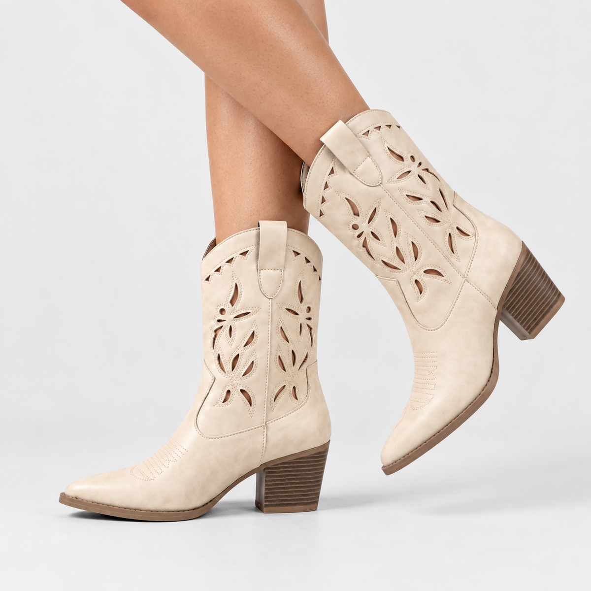 Women's Cream Floral Cutout Cowboy Boots