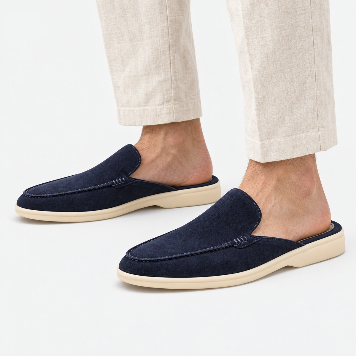 Men's Navy Suede Backless Mule Loafers
