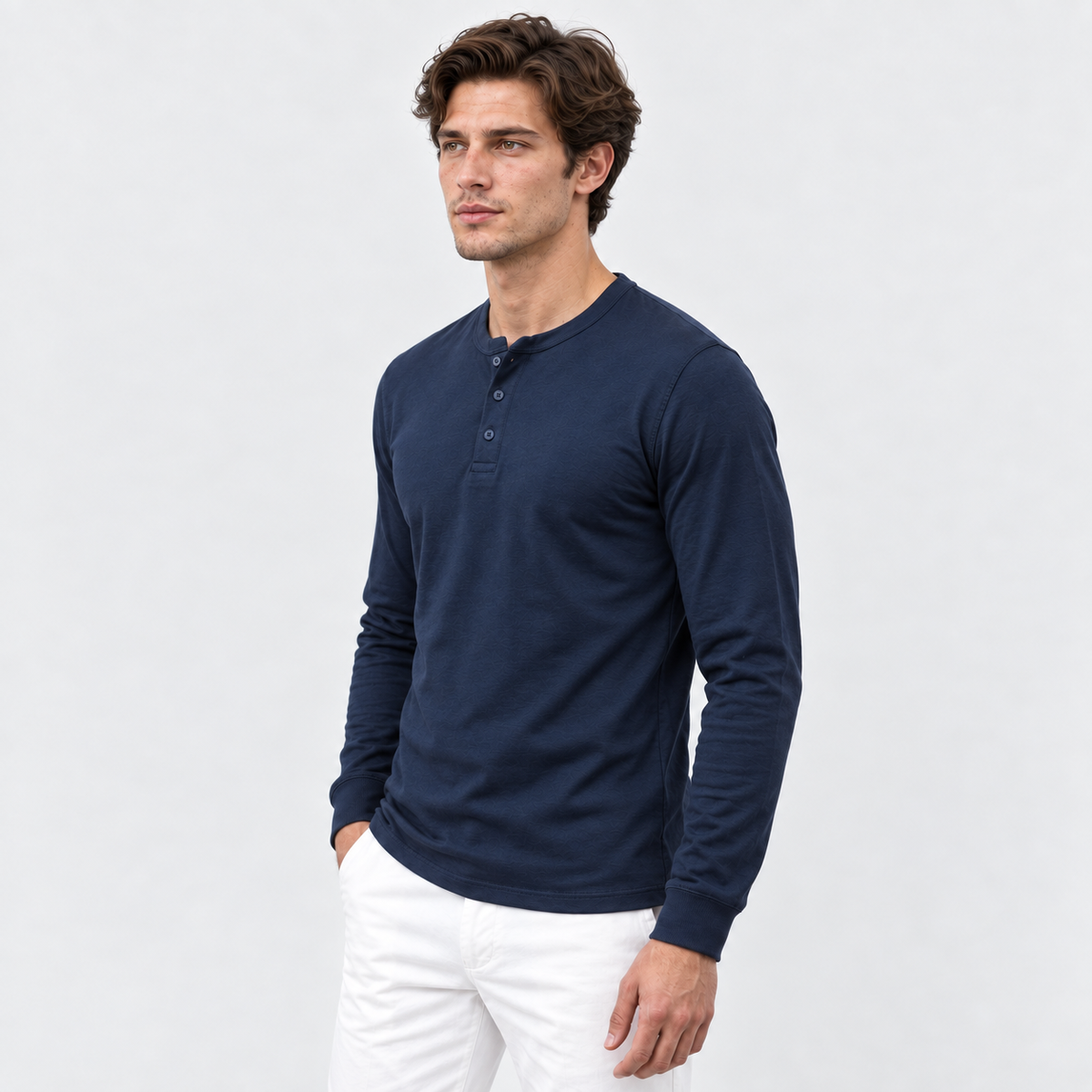 Men’s Long Sleeve Henley Shirt - Button Neck Regular Fit
