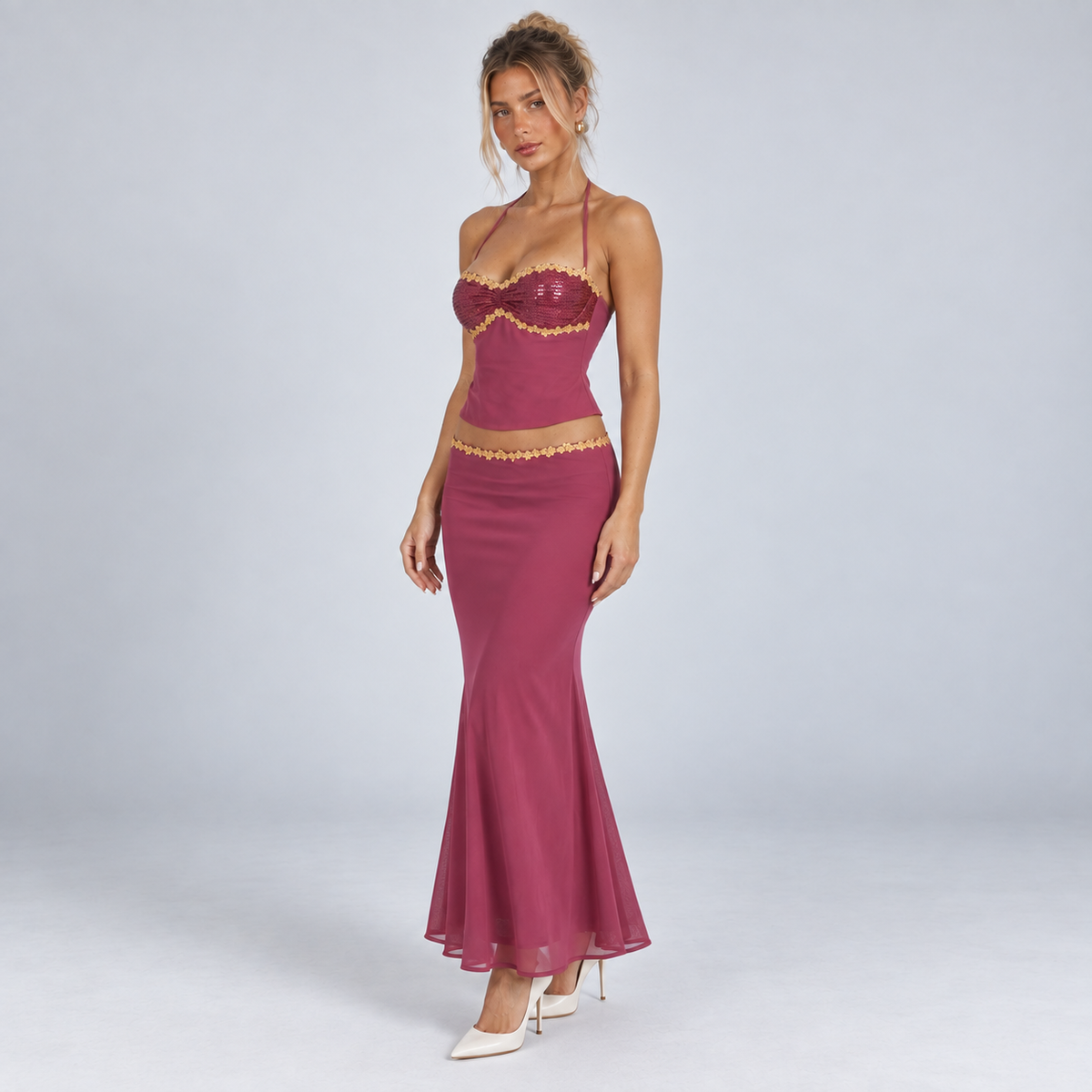Women's Sequin Halter Top & Mermaid Maxi Skirt Set
