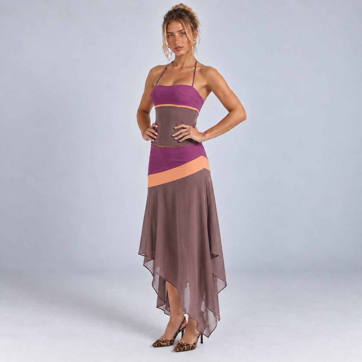 Women's Colour Block Halter Top & Handkerchief Hem Skirt Set