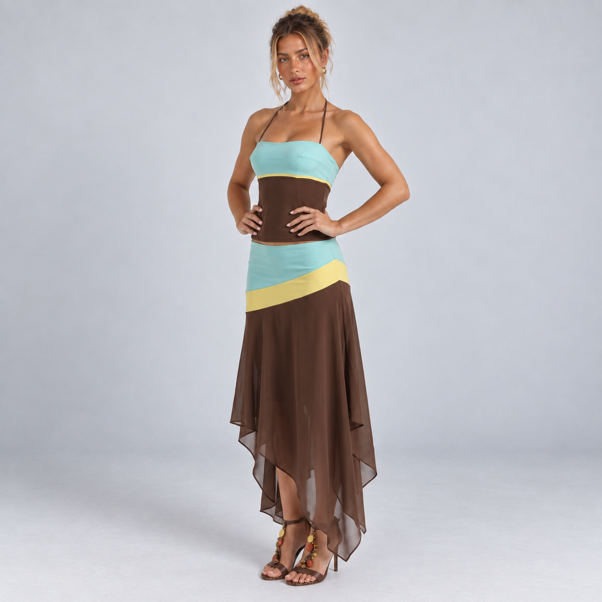 Women's Colour Block Halter Top & Handkerchief Hem Skirt Set