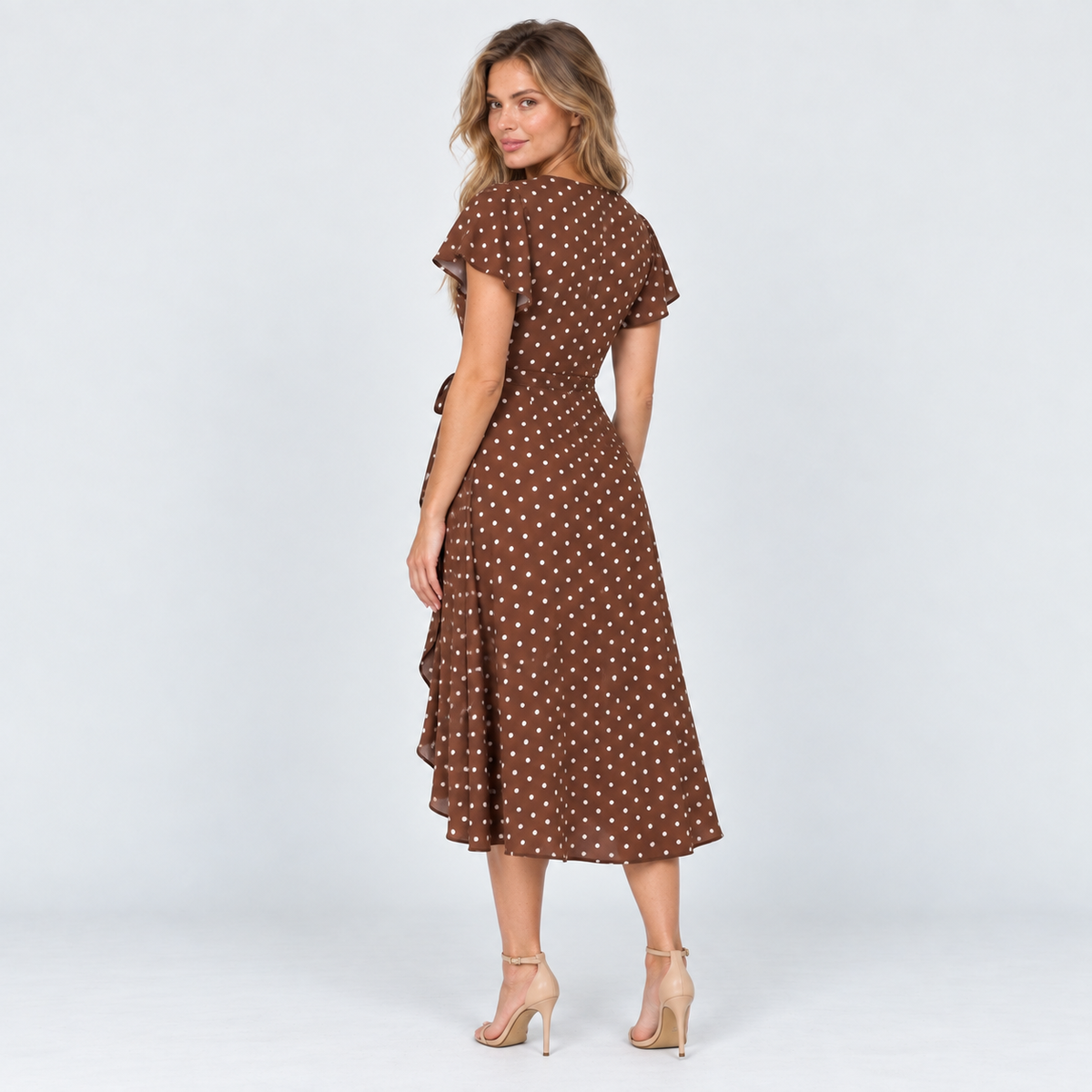 Womens Polka Dot Wrap Midi Dress