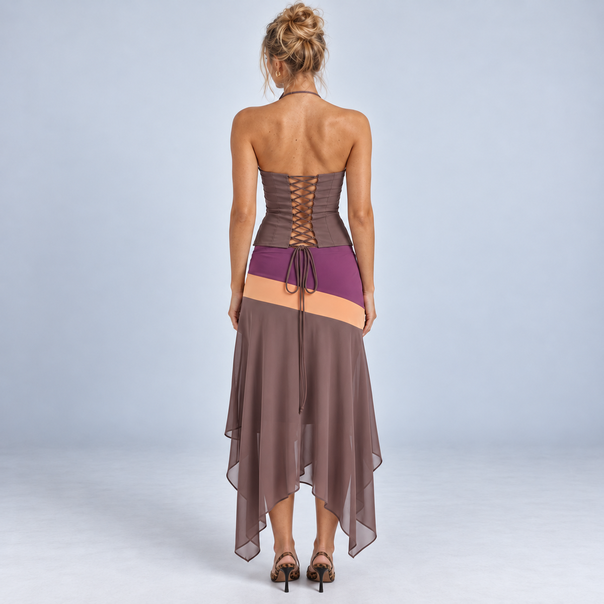 Women's Colour Block Halter Top & Handkerchief Hem Skirt Set