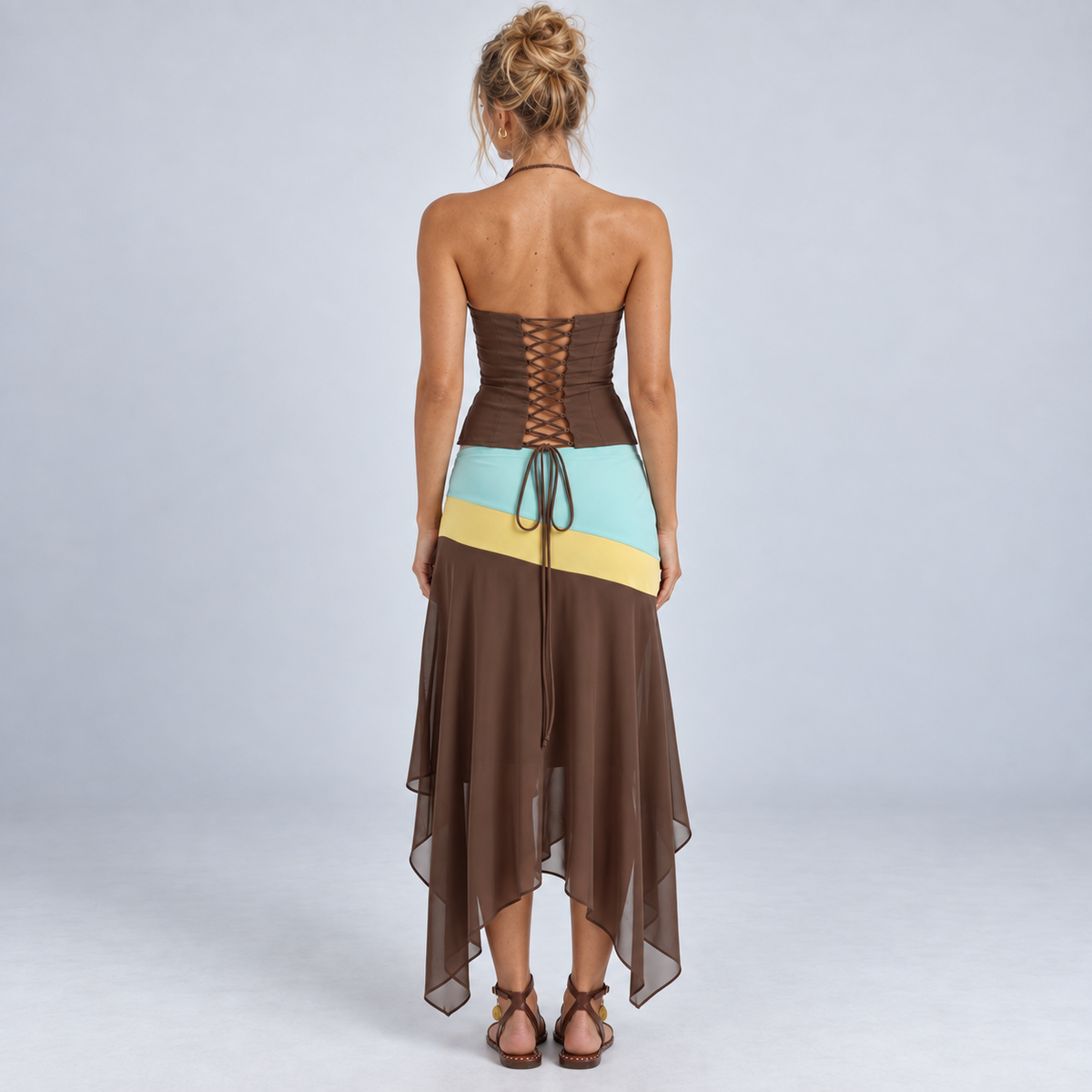 Women's Colour Block Halter Top & Handkerchief Hem Skirt Set