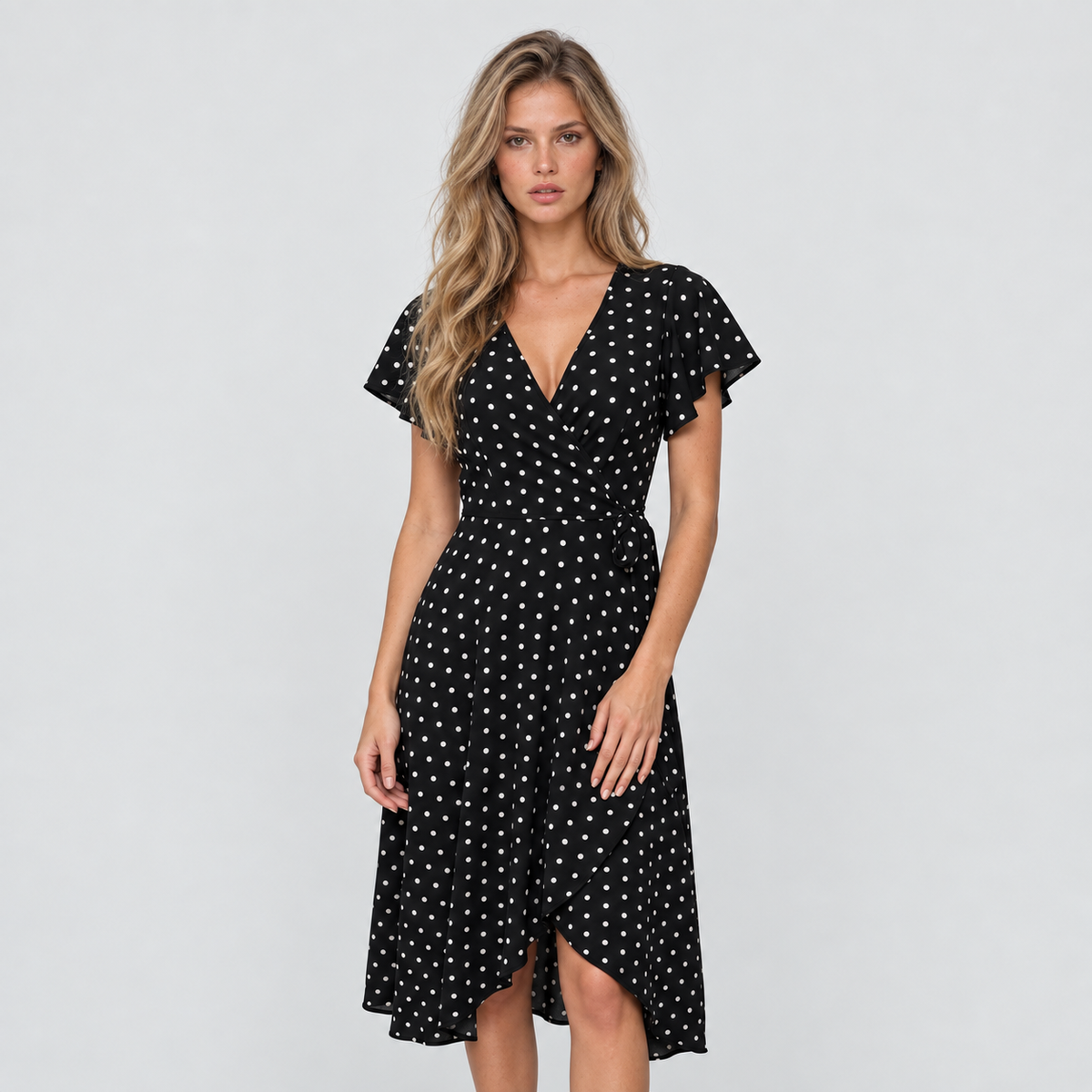 Womens Polka Dot Wrap Midi Dress