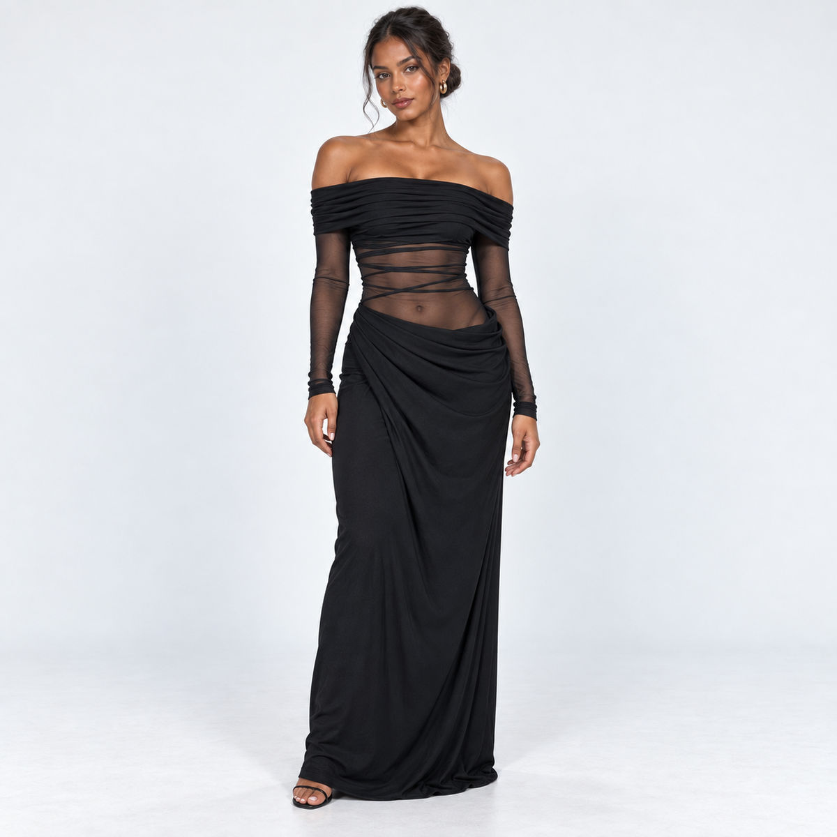 Women's Long-Sleeve Ruched Mesh Maxi Dress — Black — front view