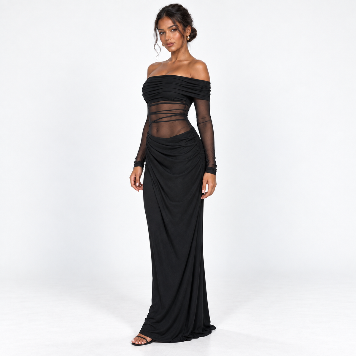 Women's Long-Sleeve Ruched Mesh Maxi Dress — Black — front45 view