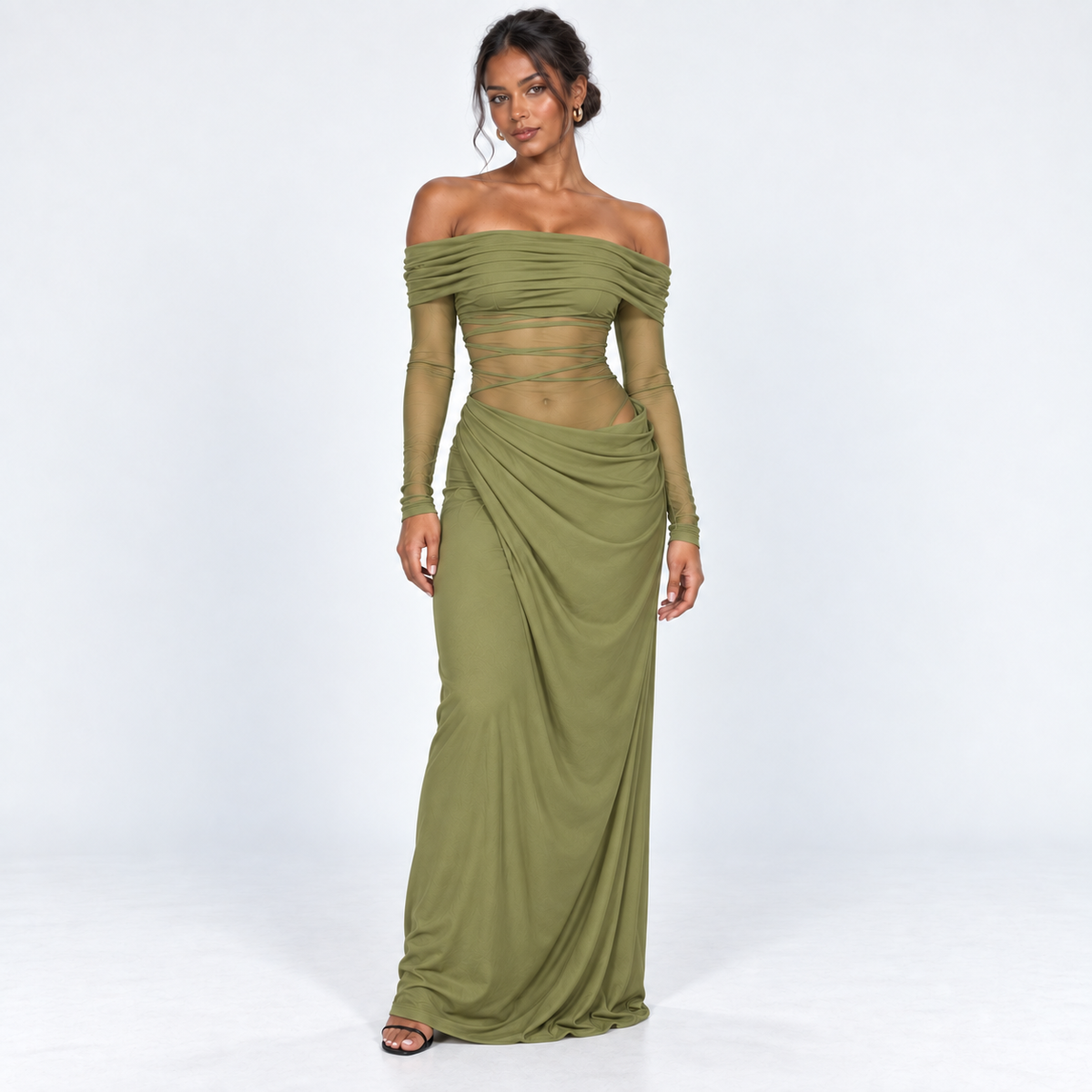 Women's Long-Sleeve Ruched Mesh Maxi Dress — Green — front view