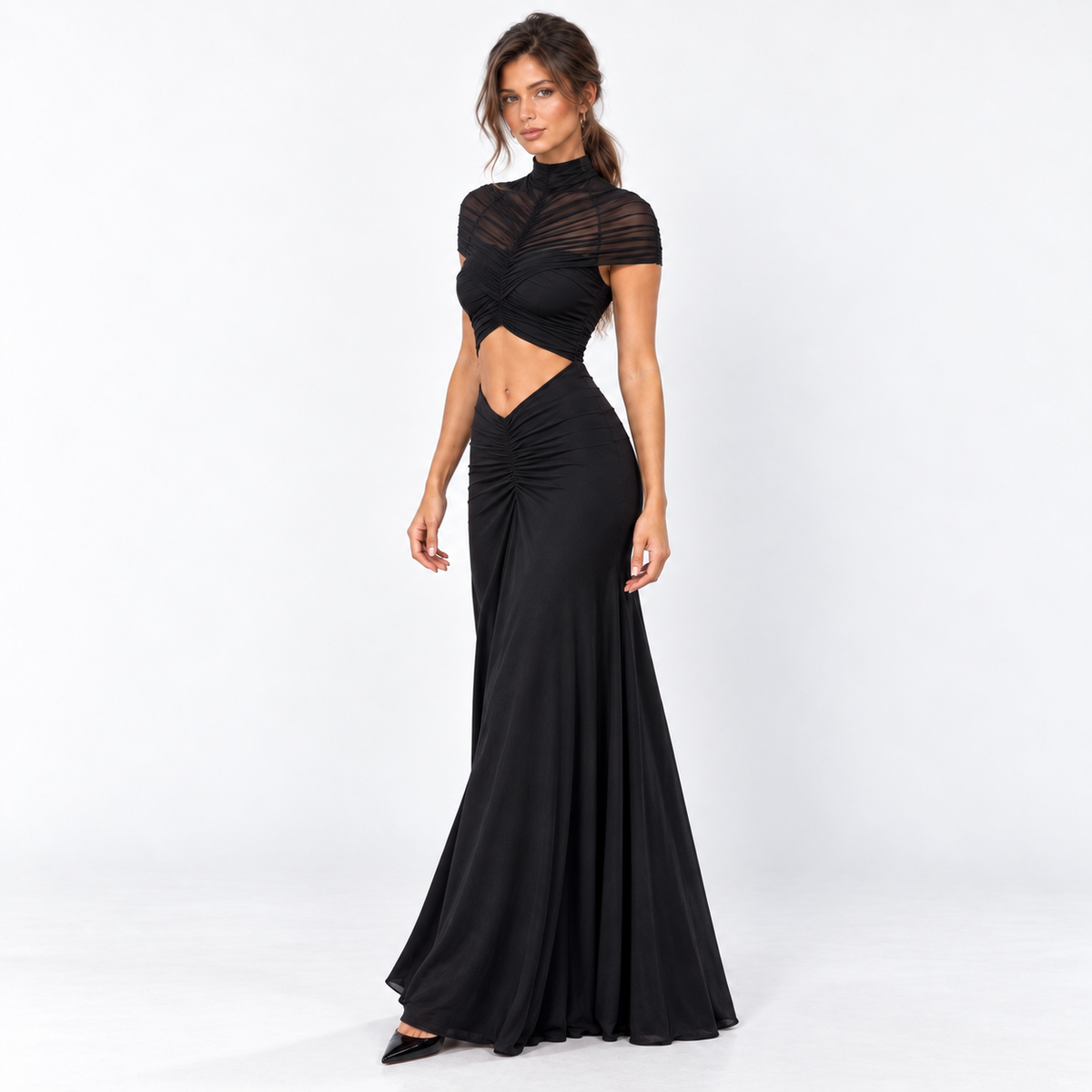 Women's Short-Sleeve Ruched Cutout Maxi Dress — Black — front45 view