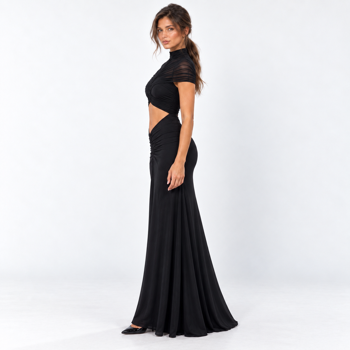 Women's Short-Sleeve Ruched Cutout Maxi Dress — Black — side view
