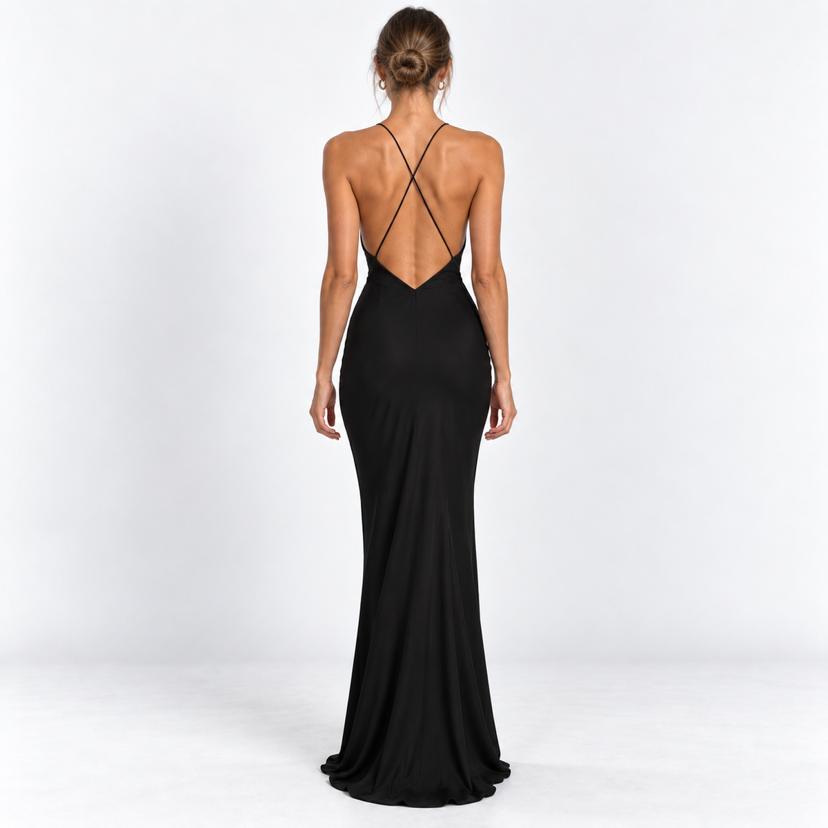 Women's Rosette Plunge Slip Maxi Dress — Black — back view