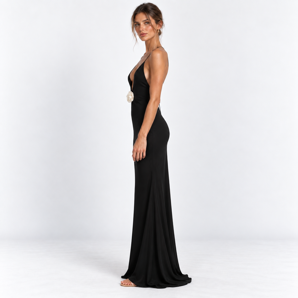 Women's Rosette Plunge Slip Maxi Dress — Black — side view
