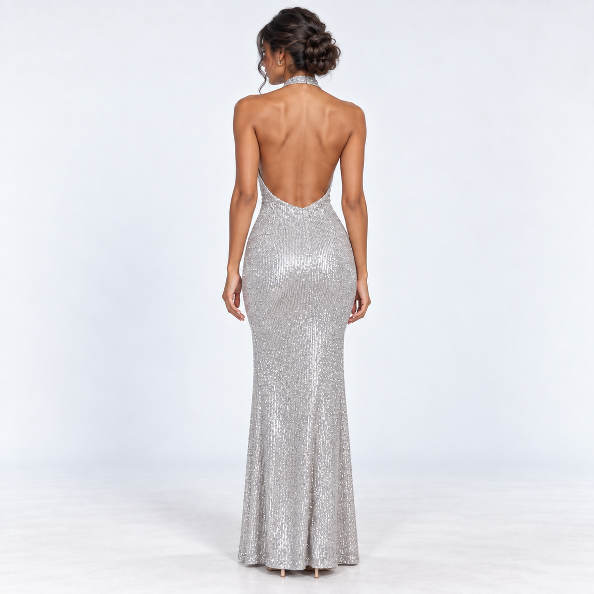 Women's Sequin Halter Maxi Dress — Silver — back view