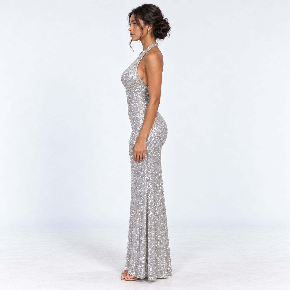 Women's Sequin Halter Maxi Dress — Silver — side view