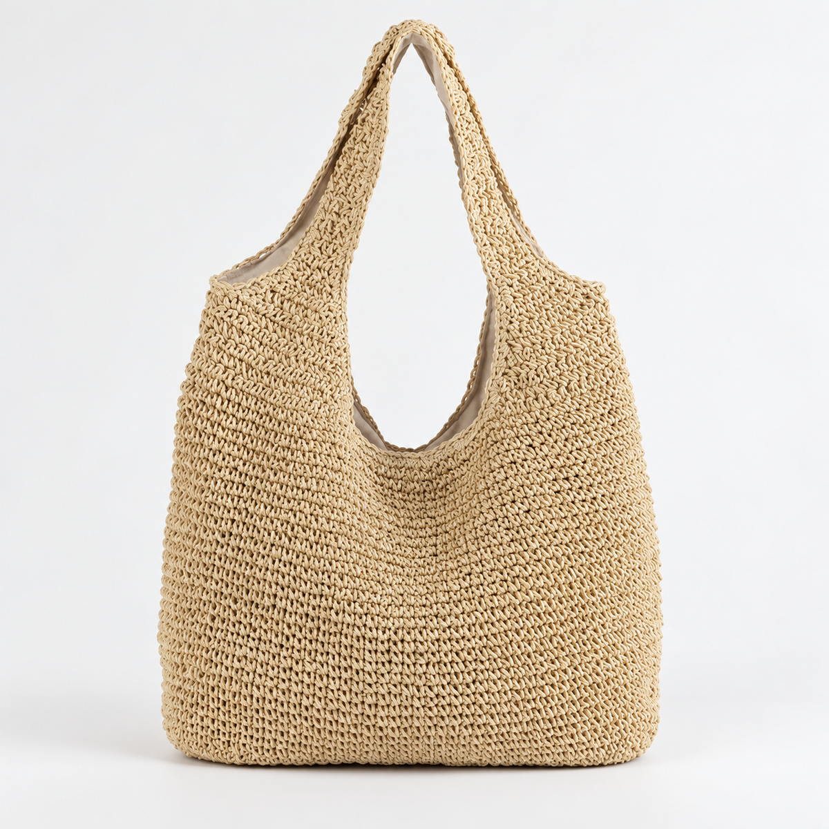 Woven Shoulder Tote Bag — Beige — front view