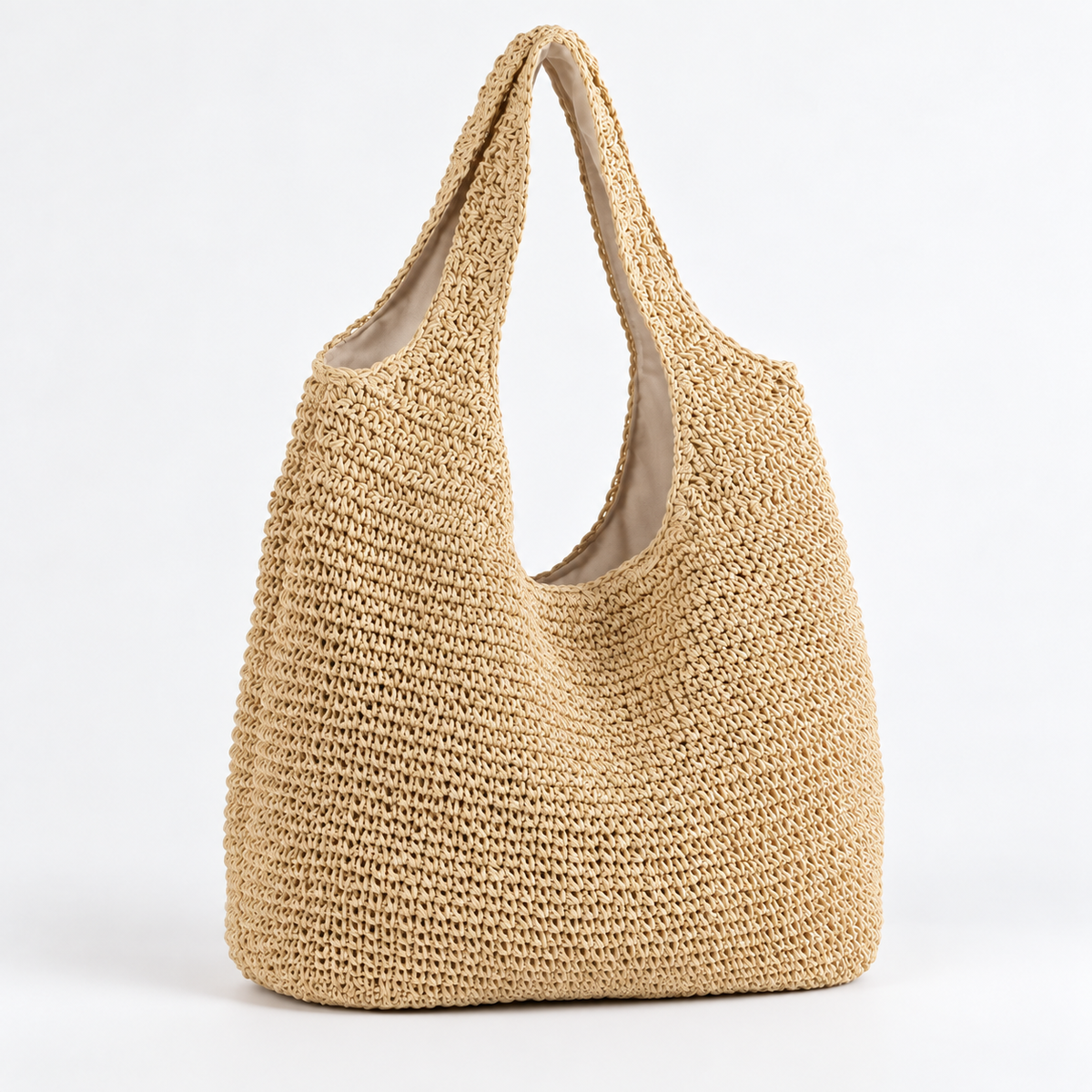 Woven Shoulder Tote Bag — Beige — front45 view