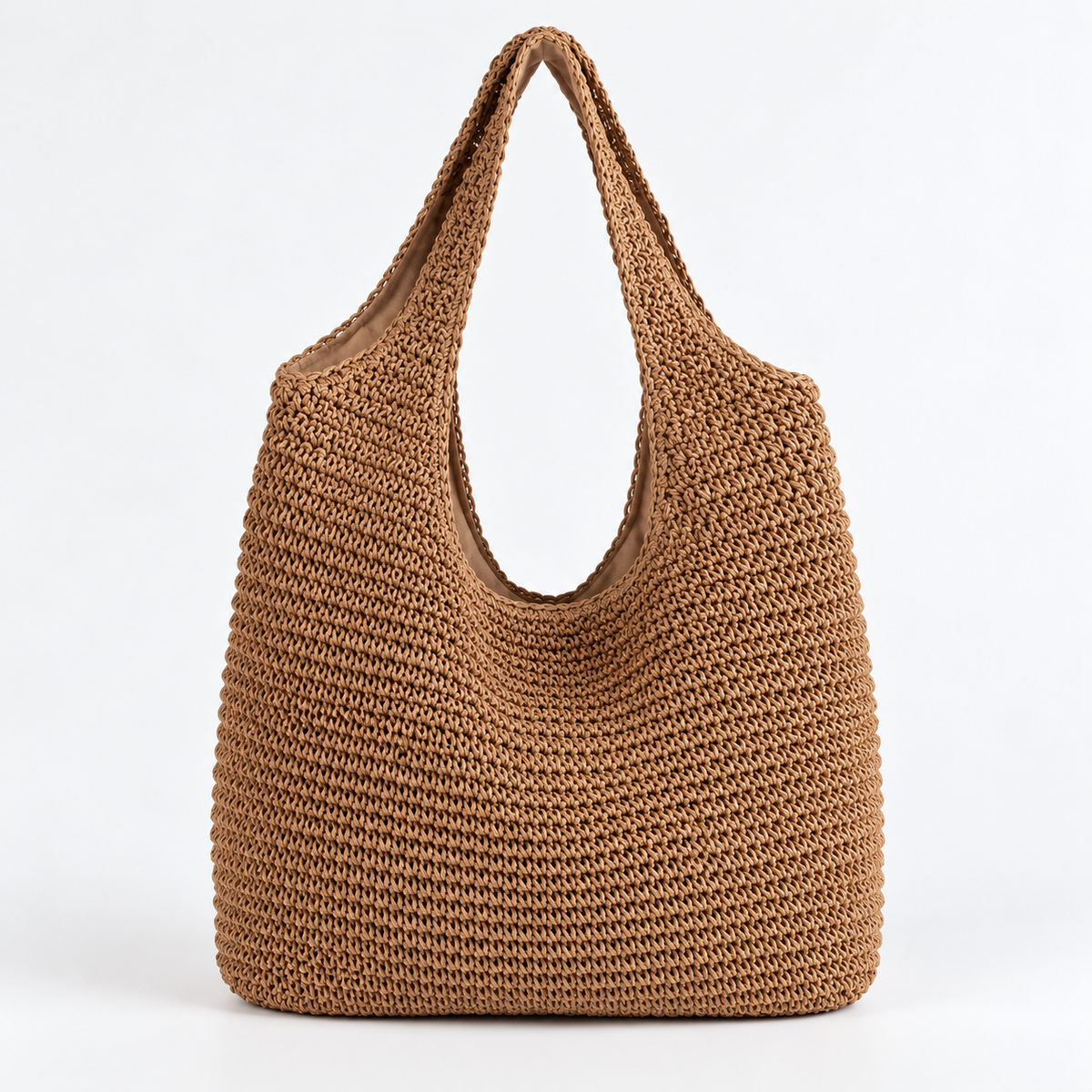 Woven Shoulder Tote Bag — Brown — front view