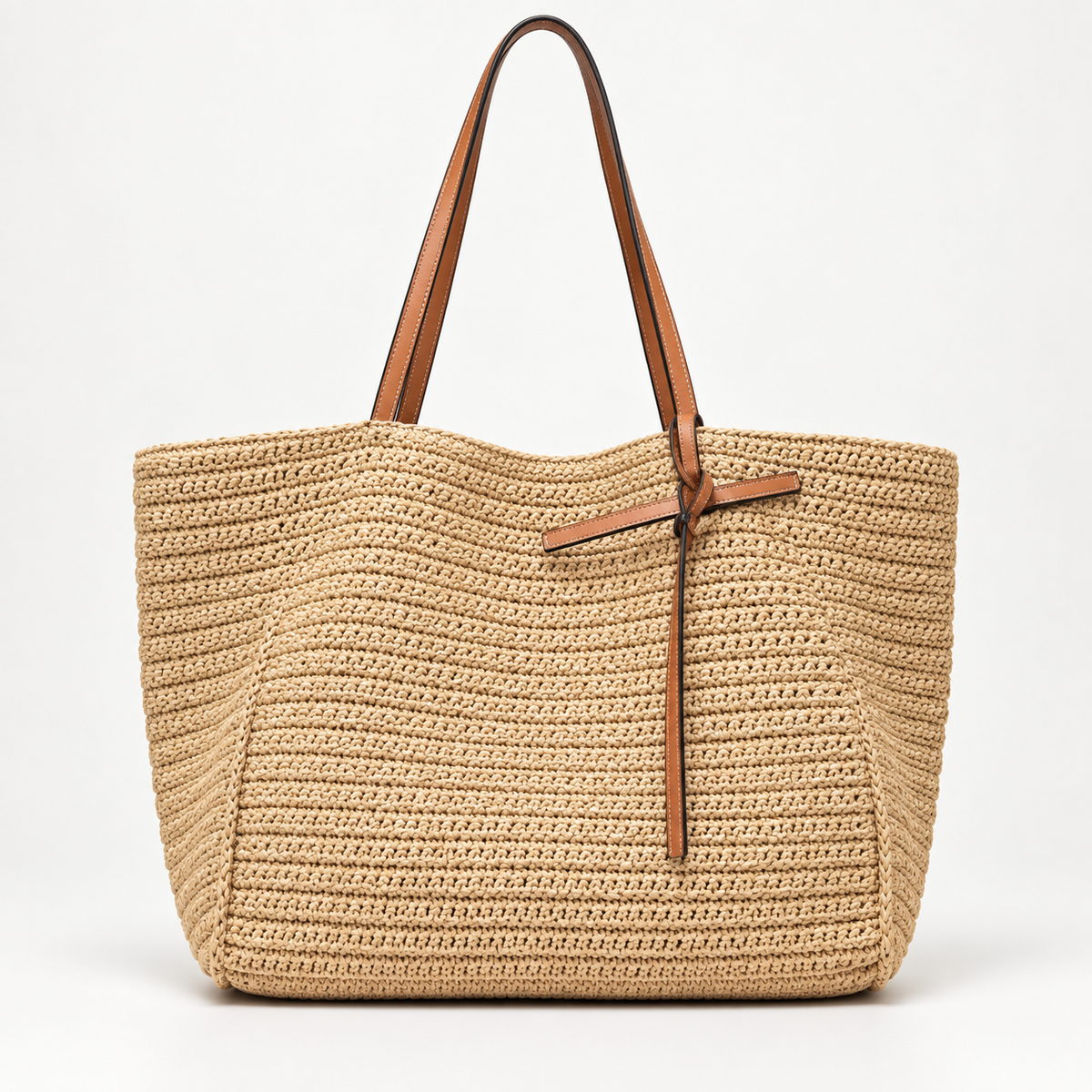 Woven Tote Bag with Contrast Handles — Beige — front view