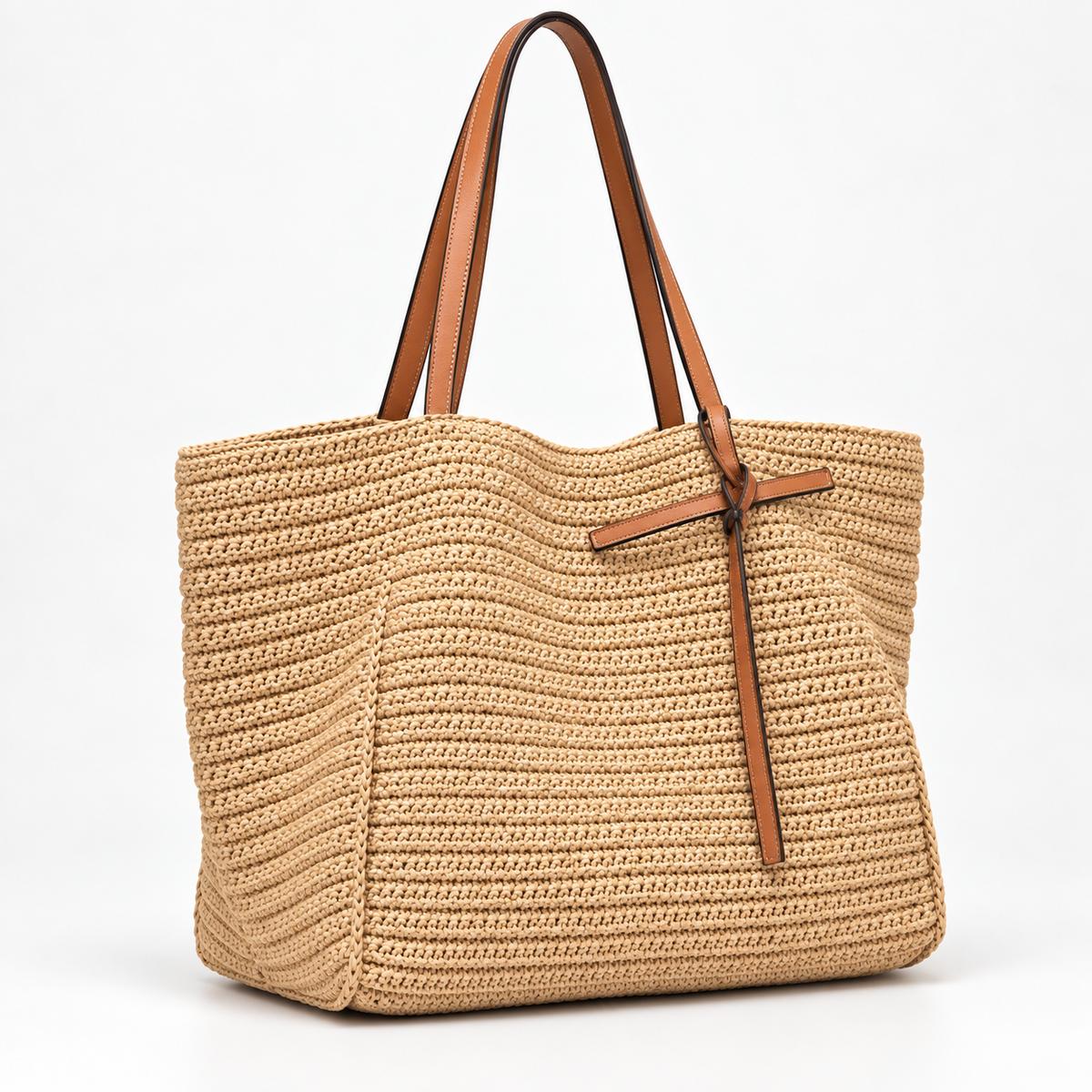 Woven Tote Bag with Contrast Handles — Beige — front45 view