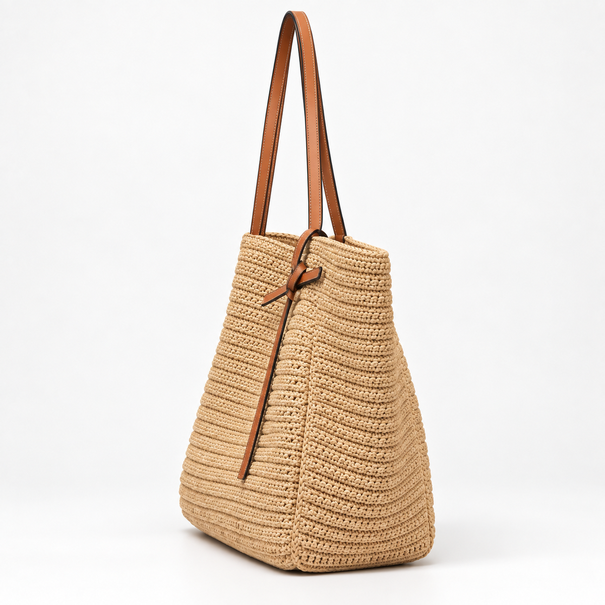 Woven Tote Bag with Contrast Handles — Beige — side view