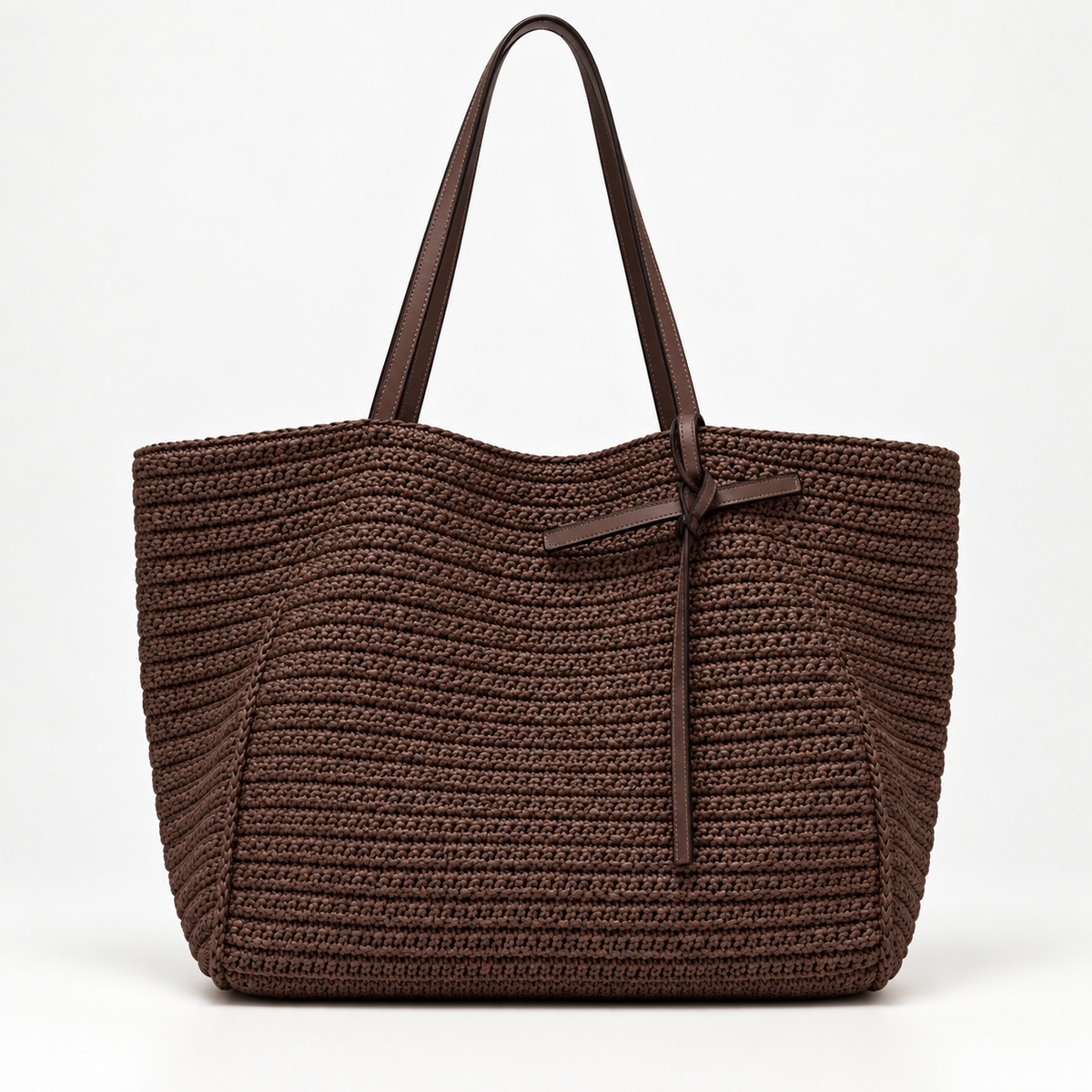 Woven Tote Bag with Contrast Handles — Dark Brown — front view