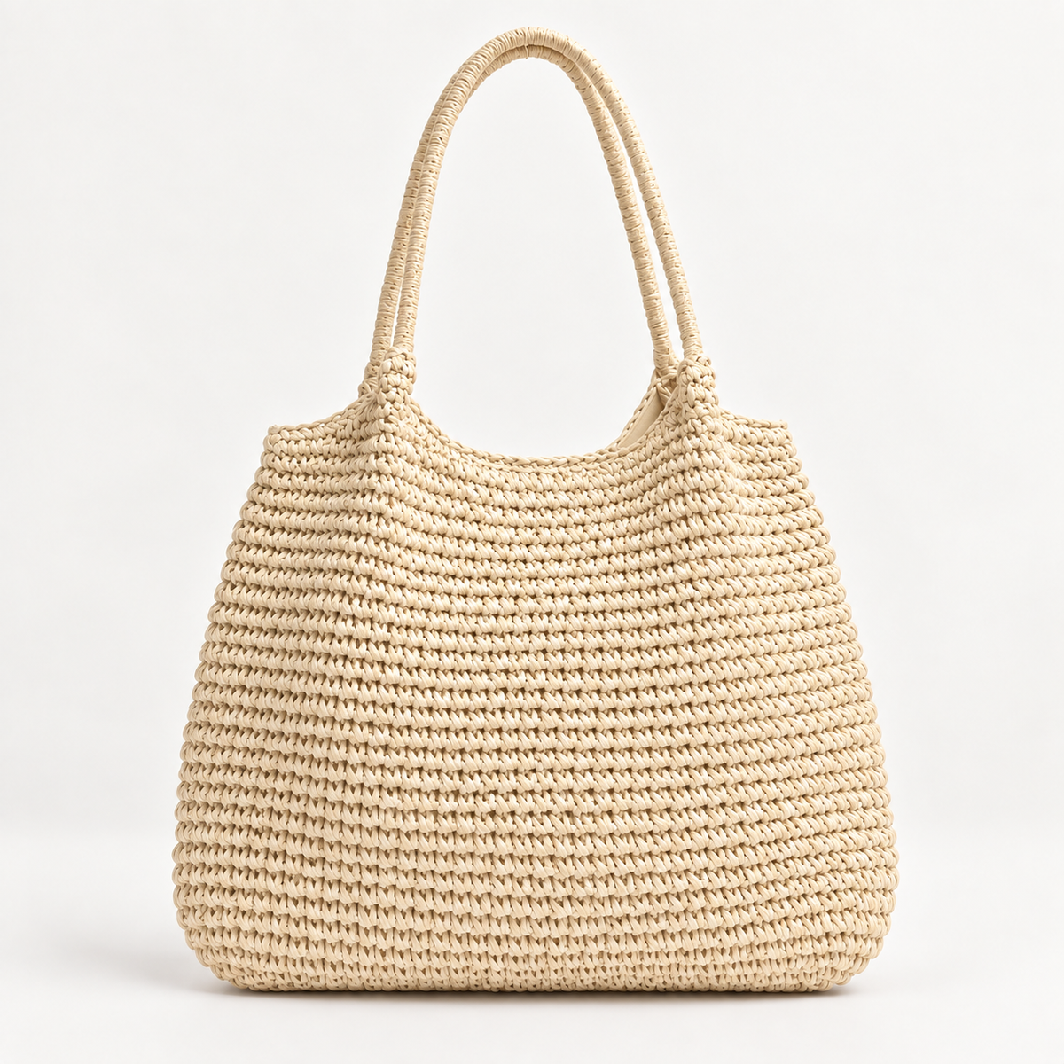 Woven Double-Handle Tote Bag — Beige — front view