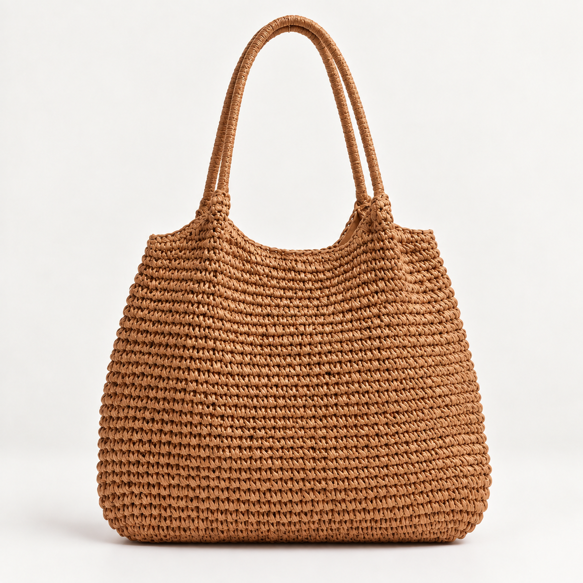 Woven Double-Handle Tote Bag — Brown — front view