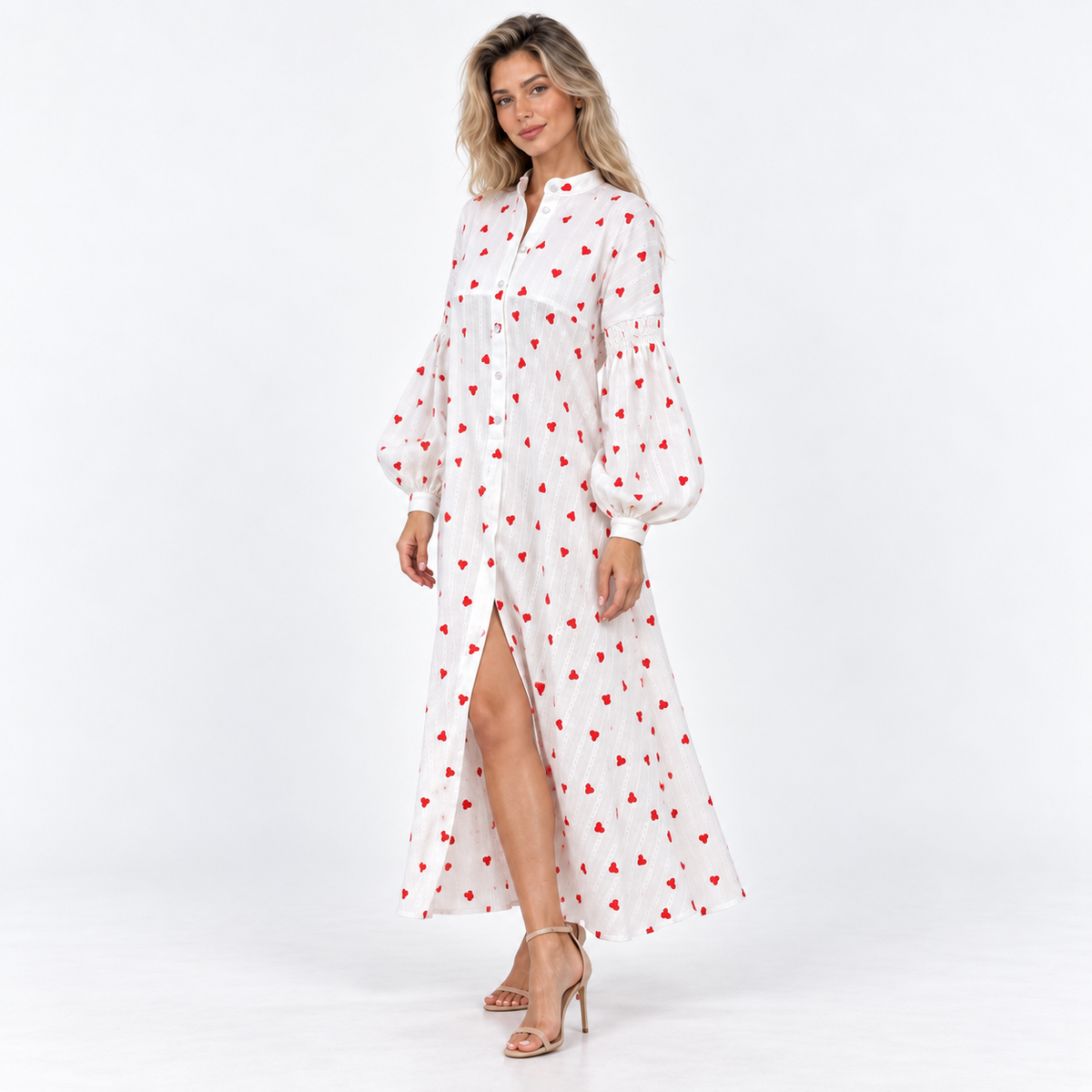 Women's Heart-Print Puff-Sleeve Midi Dress — White — front45 view