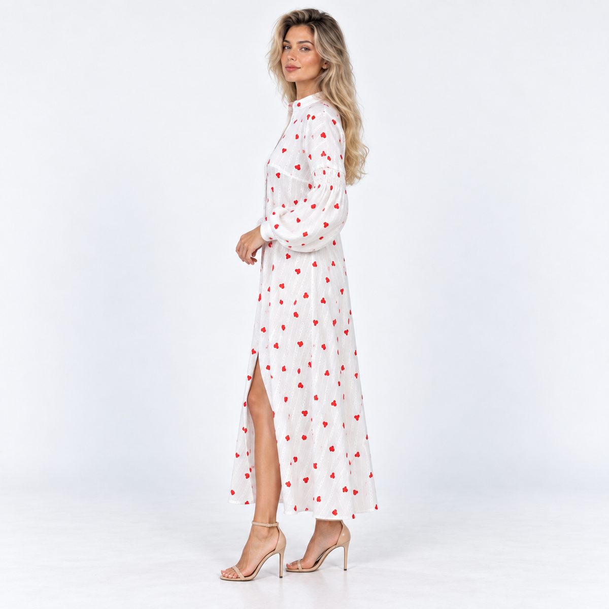 Women's Heart-Print Puff-Sleeve Midi Dress — White — side view