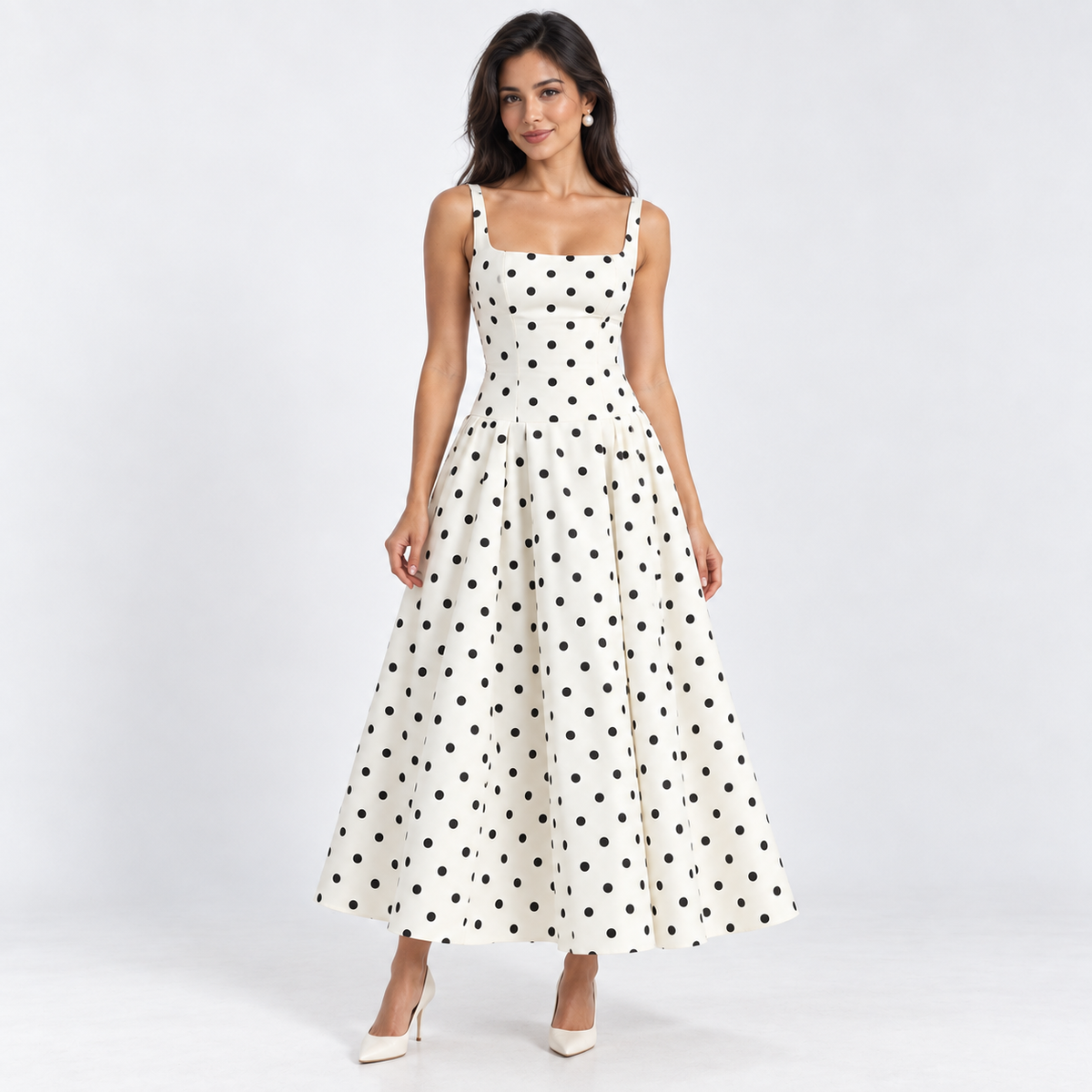 Women's Polka Dot Square-Neck Midi Dress — Polka Dot — front view