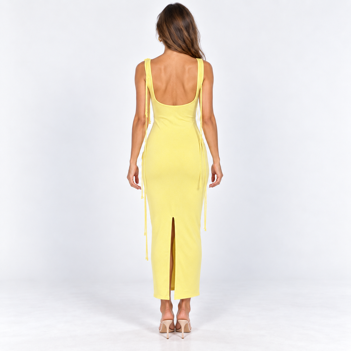 Women's Floral Appliqué Knit Midi Dress — Light Yellow — back view