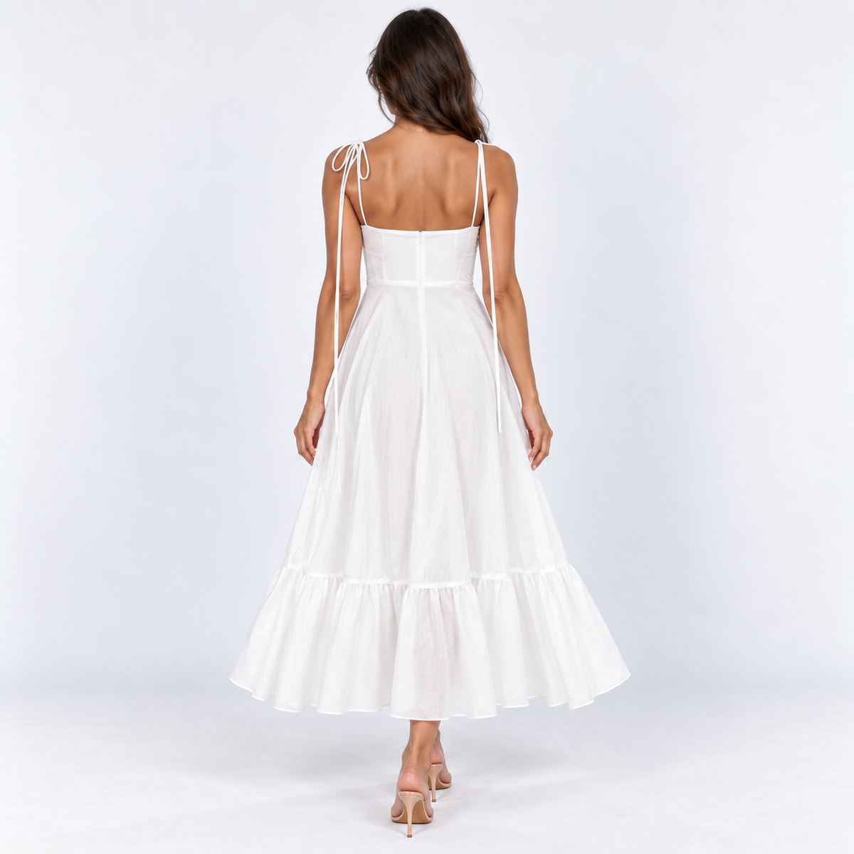 Women's Fine-Strap Flowing Midi Dress — White — back view