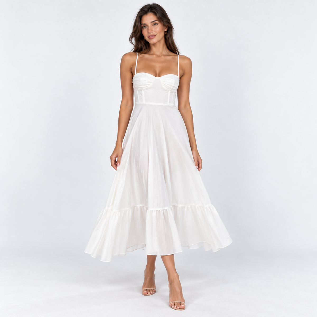 Women's Fine-Strap Flowing Midi Dress — White — front view