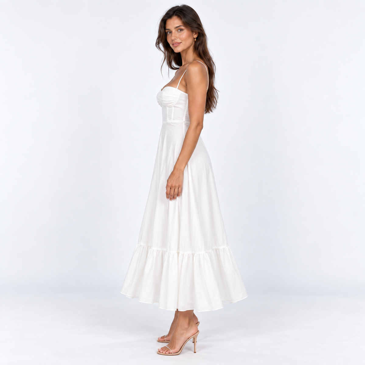 Women's Fine-Strap Flowing Midi Dress — White — side view