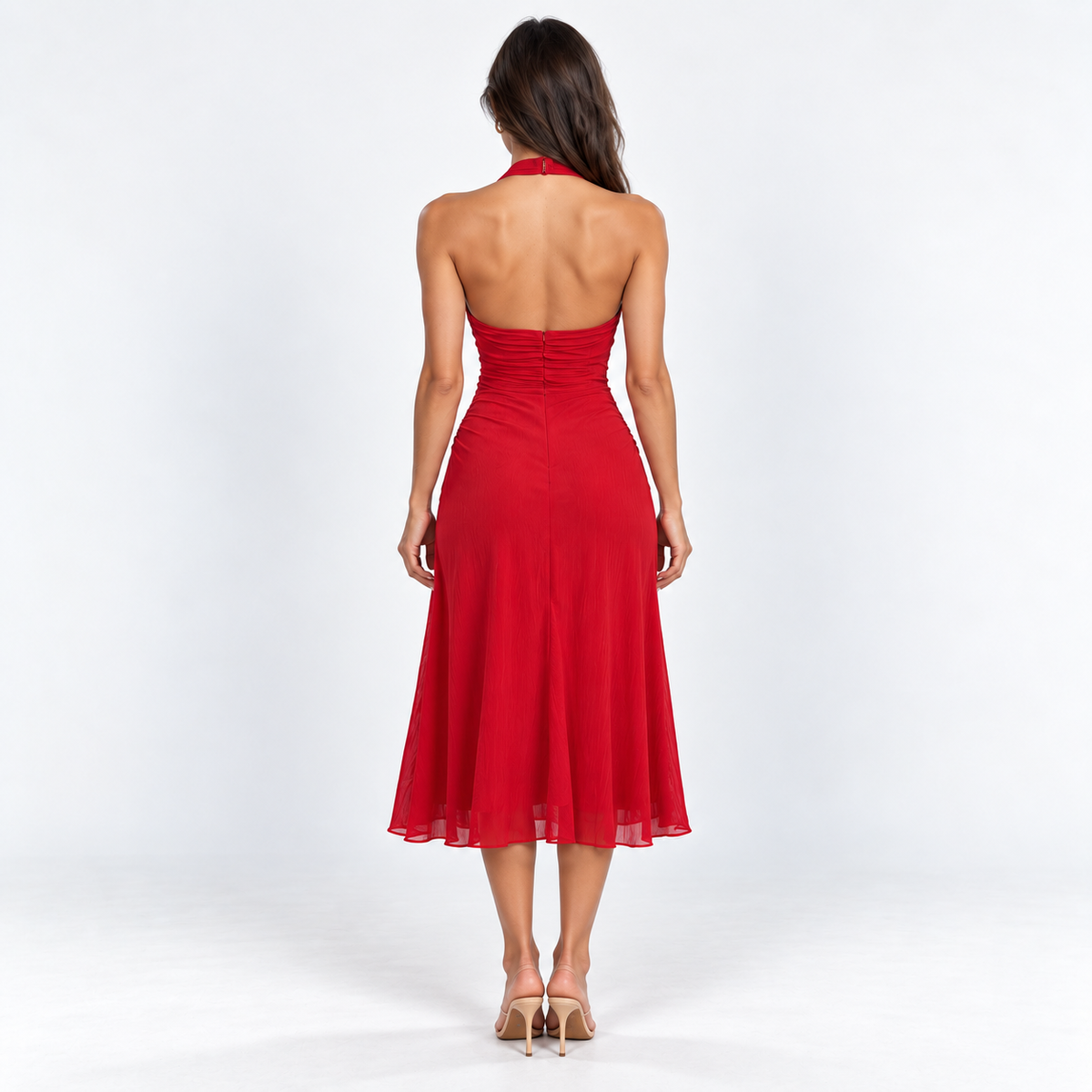 Women's Halter Ruffle Midi Dress — Red — back view