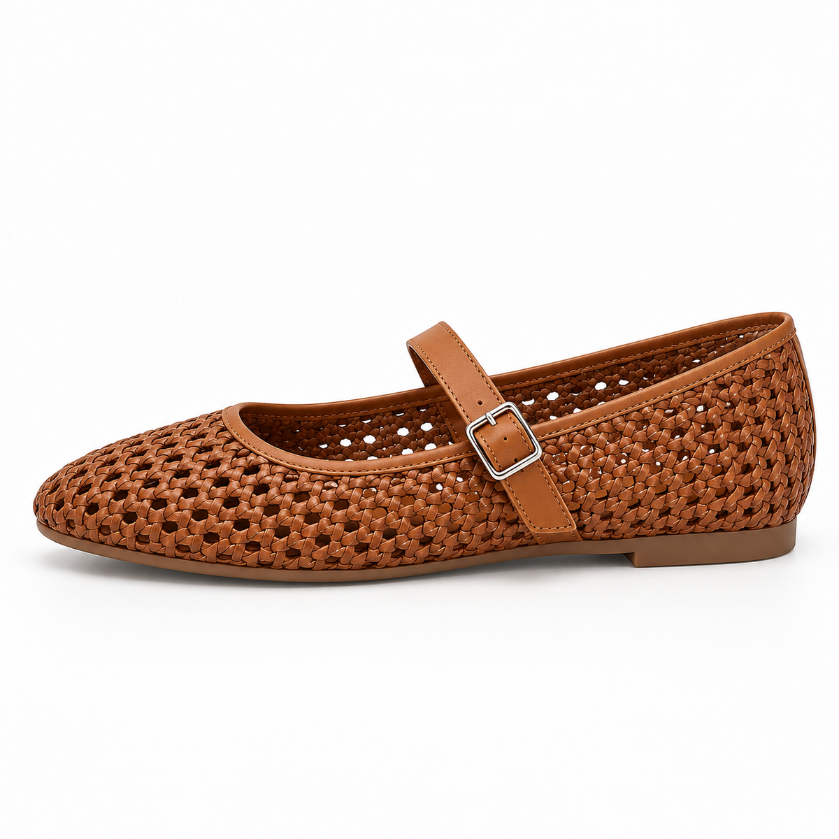 Women's Woven Buckle Mary Jane Flats — Brown — front view