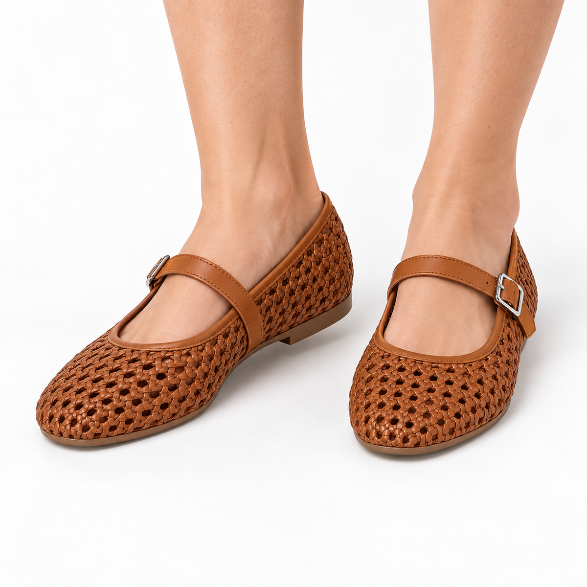Women's Woven Buckle Mary Jane Flats — Brown — worn view