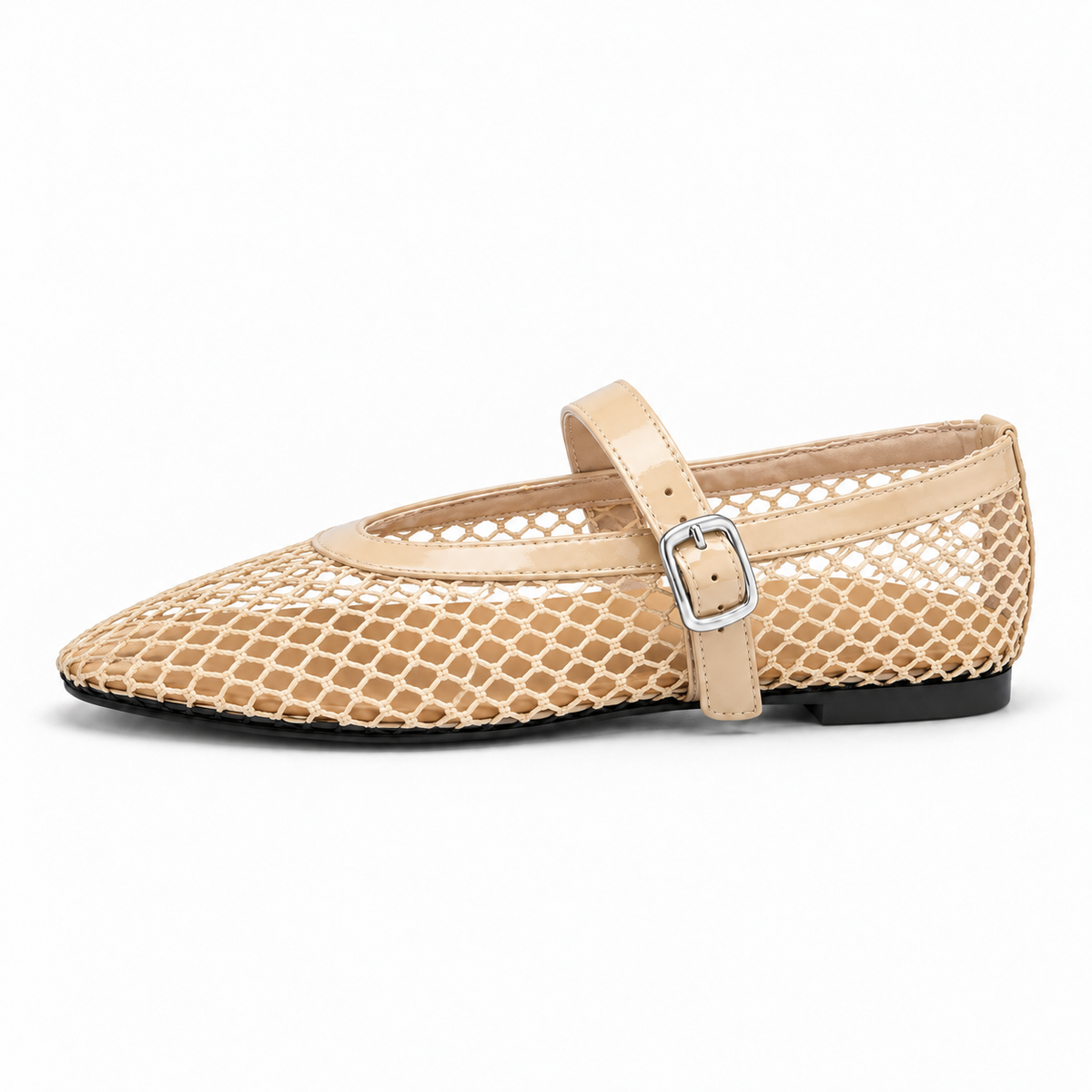 Women's Pointed Mesh Mary Jane Flats — Beige — front view