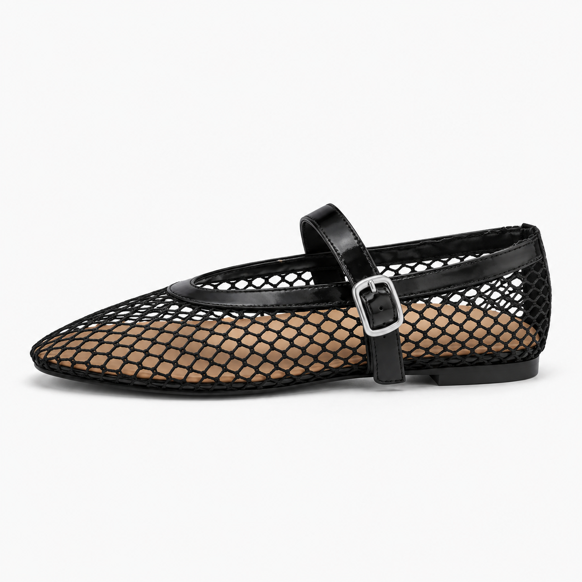 Women's Pointed Mesh Mary Jane Flats — Black — front view