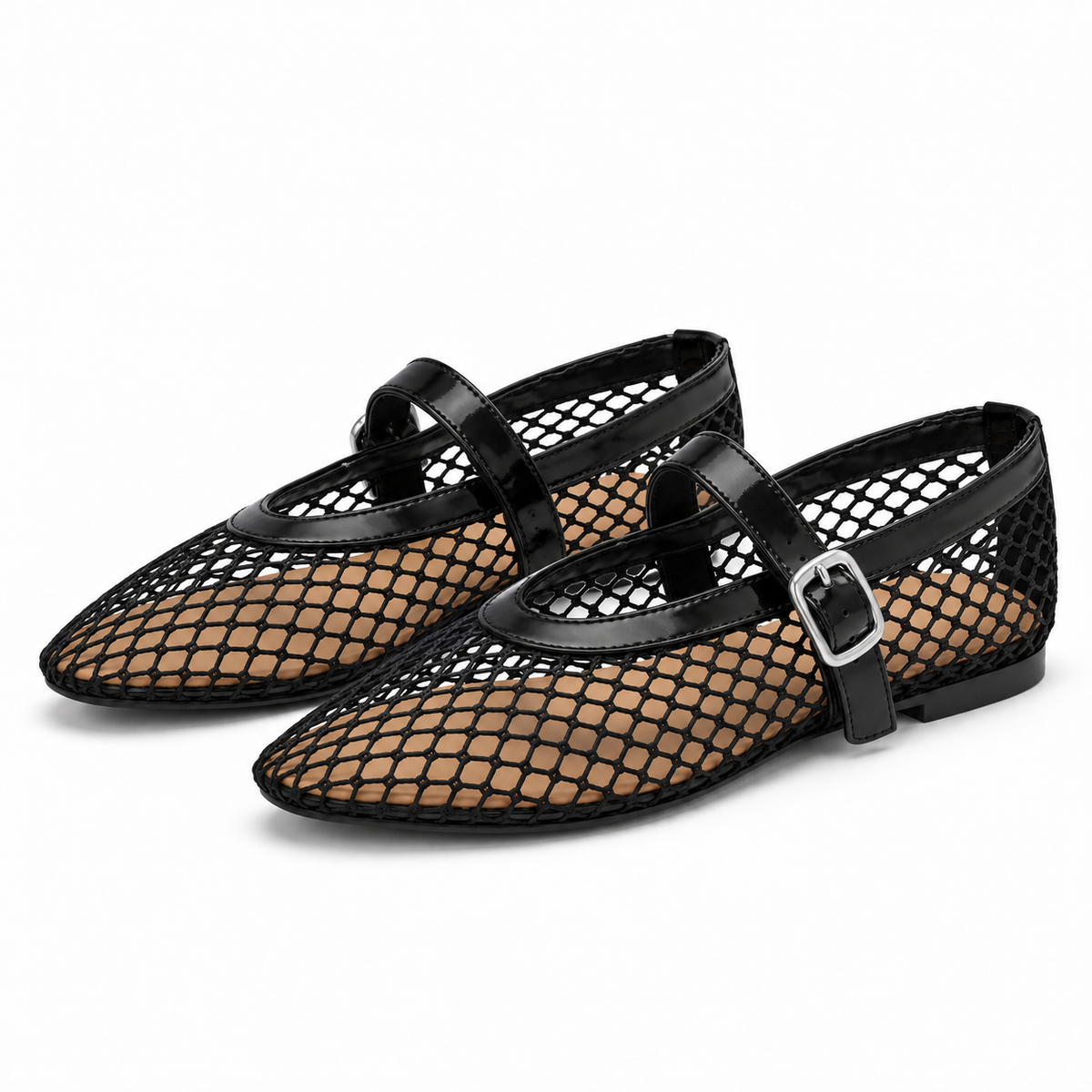 Women's Pointed Mesh Mary Jane Flats — Black — pair view