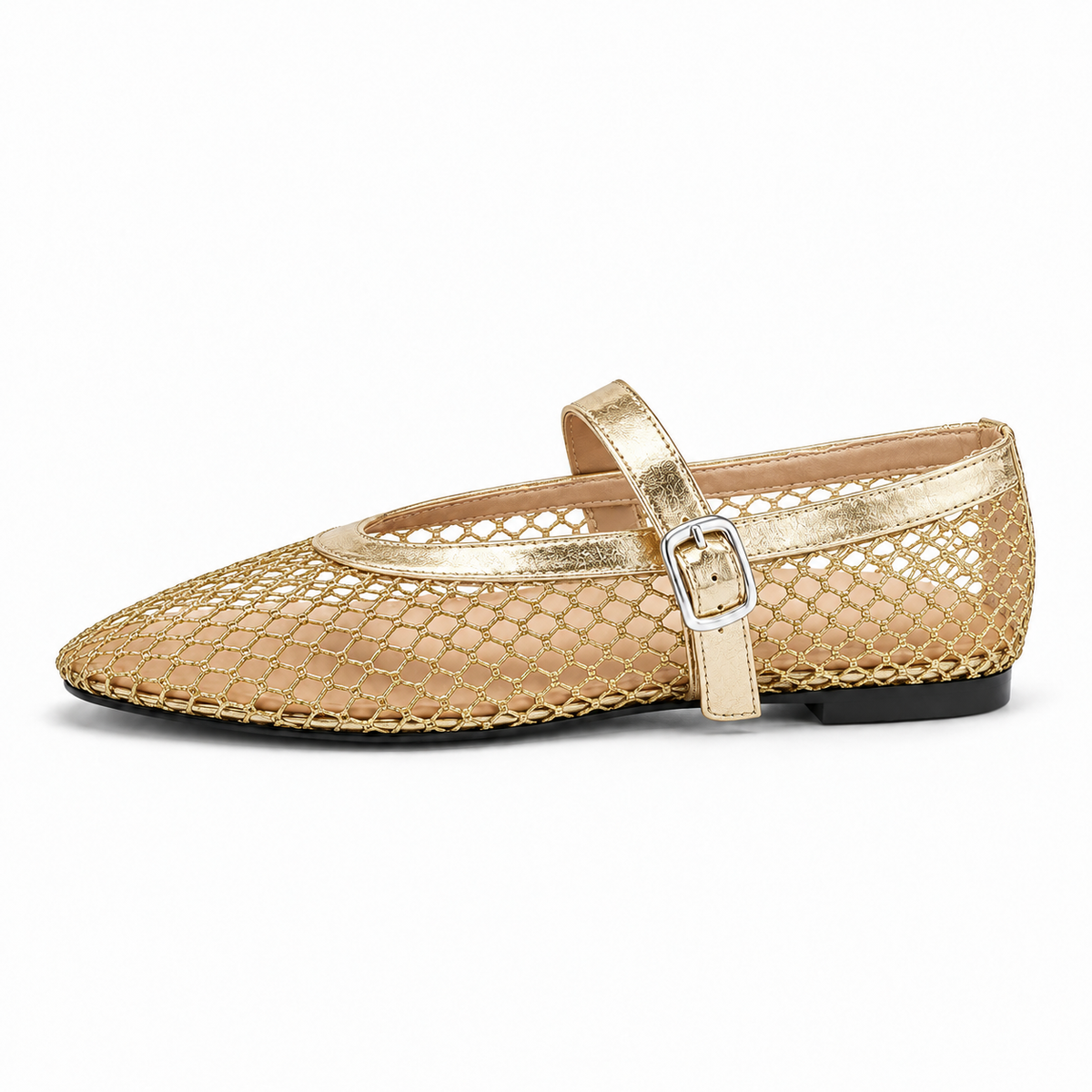 Women's Pointed Mesh Mary Jane Flats — Gold — front view