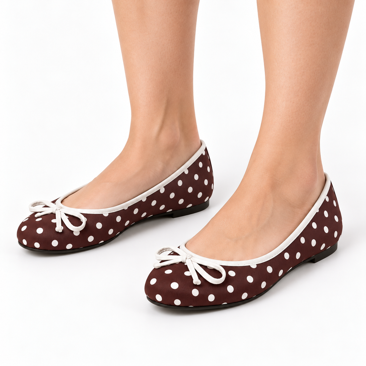 Women's Polka Dot Bow Ballet Flats — Brown — worn view