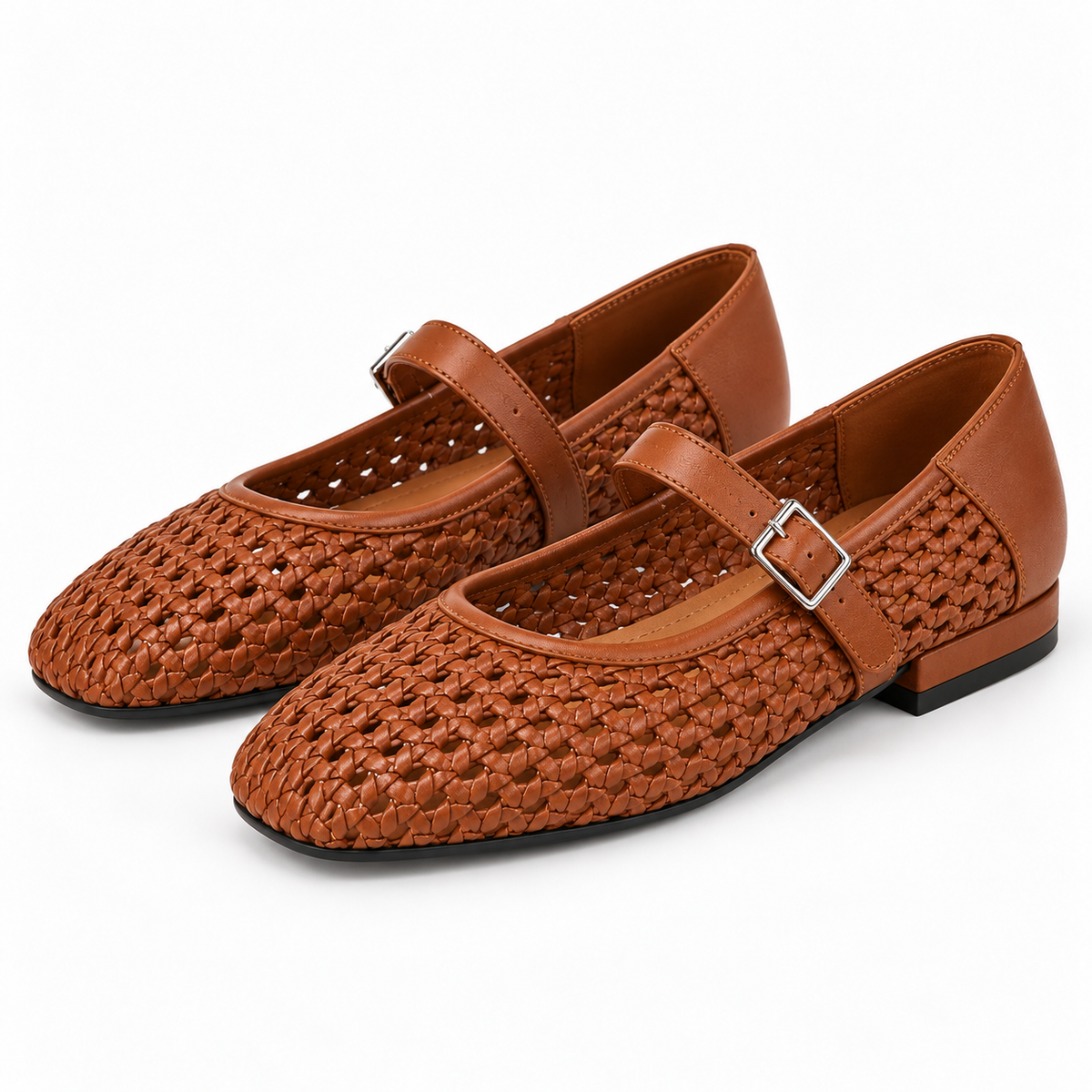 Women's Woven Square-Toe Mary Jane Flats — Brown — pair view